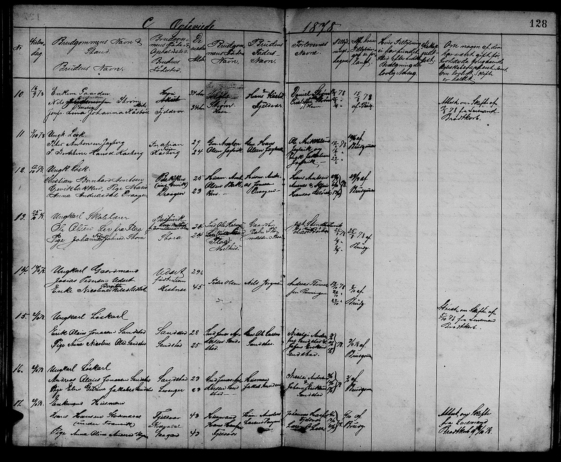 Ministerialprotokoller, klokkerbøker og fødselsregistre - Sør-Trøndelag, SAT/A-1456/637/L0561: Parish register (copy) no. 637C02, 1873-1882, p. 128