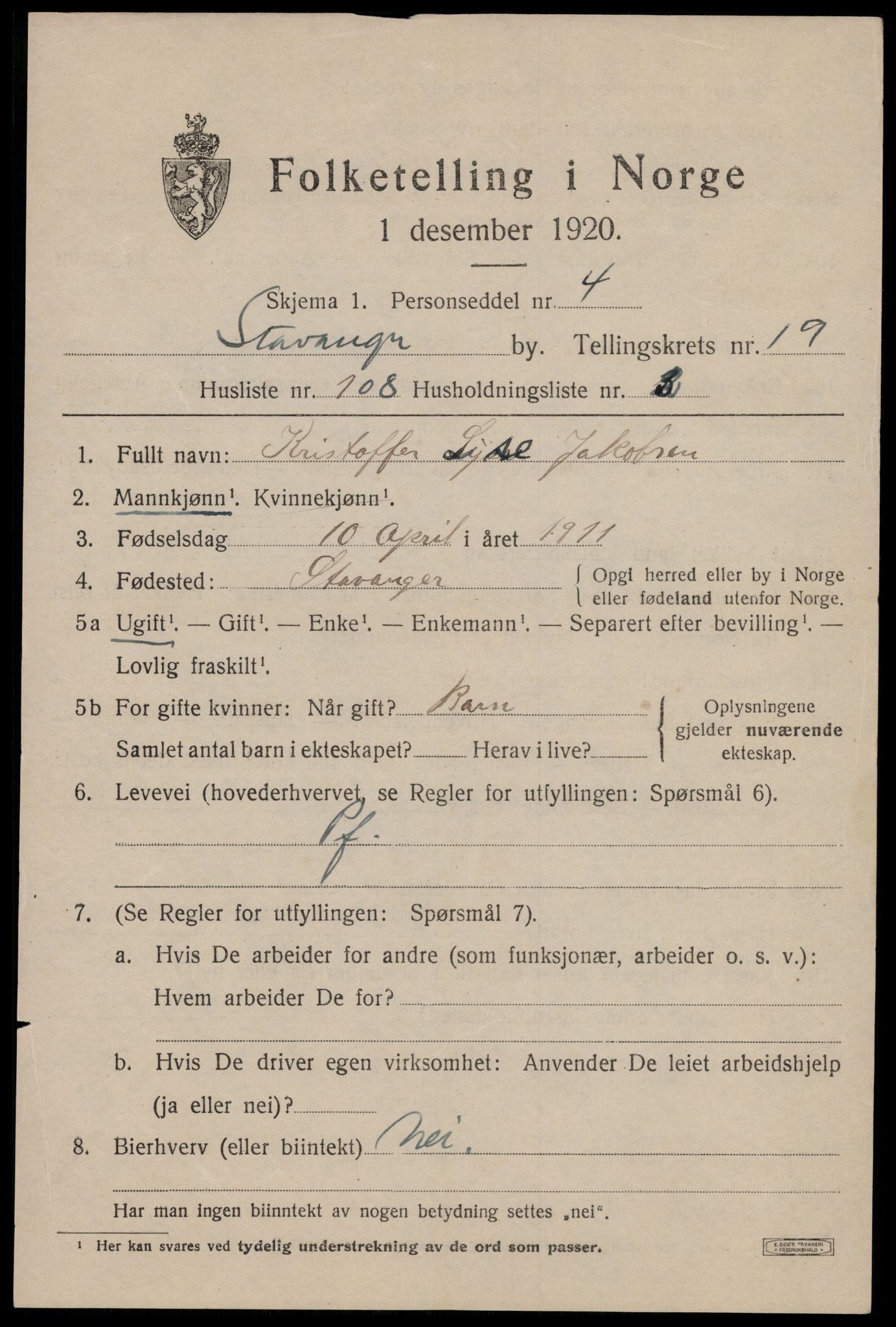 SAST, 1920 census for Stavanger, 1920, p. 69938