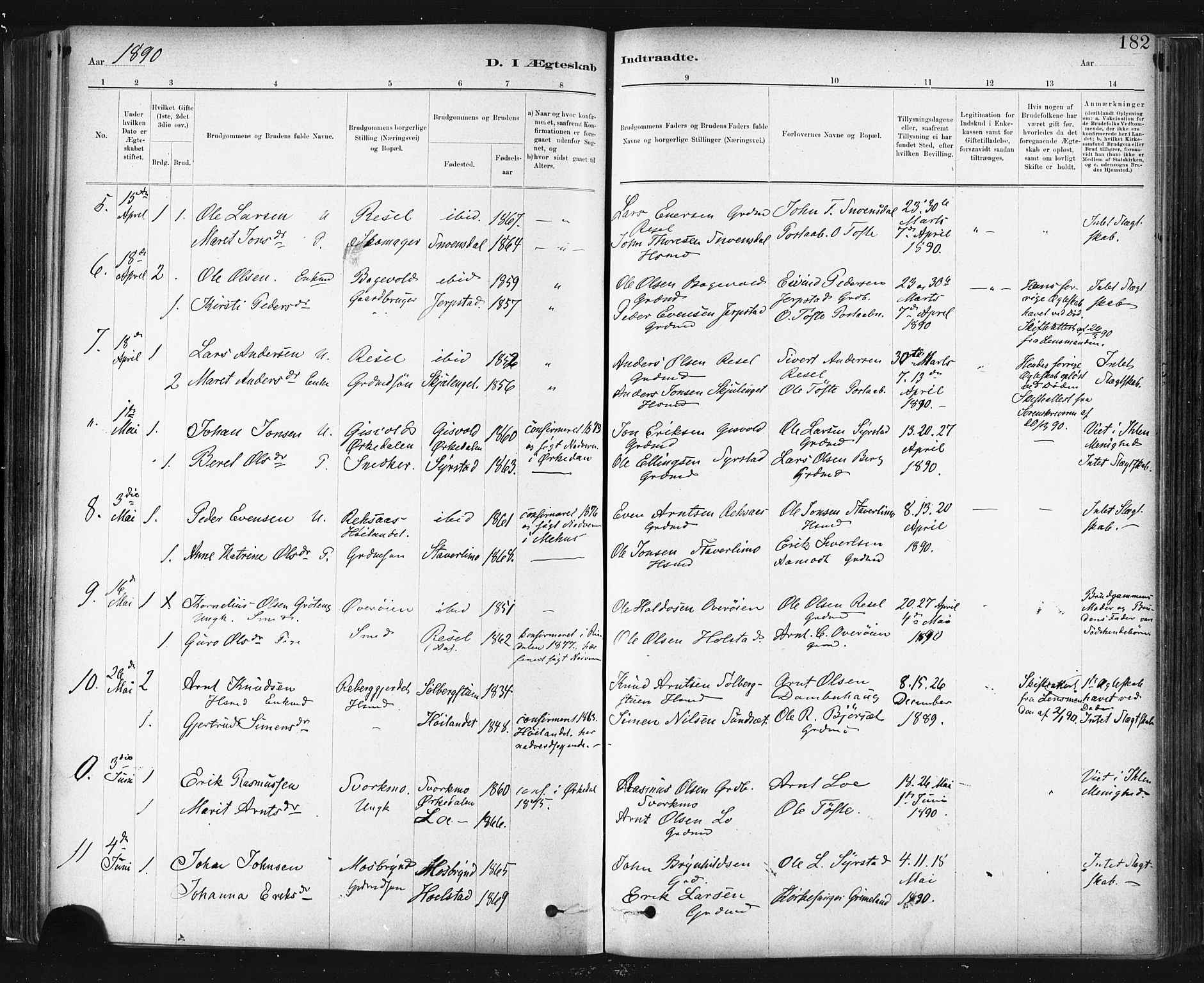 Ministerialprotokoller, klokkerbøker og fødselsregistre - Sør-Trøndelag, SAT/A-1456/672/L0857: Parish register (official) no. 672A09, 1882-1893, p. 182