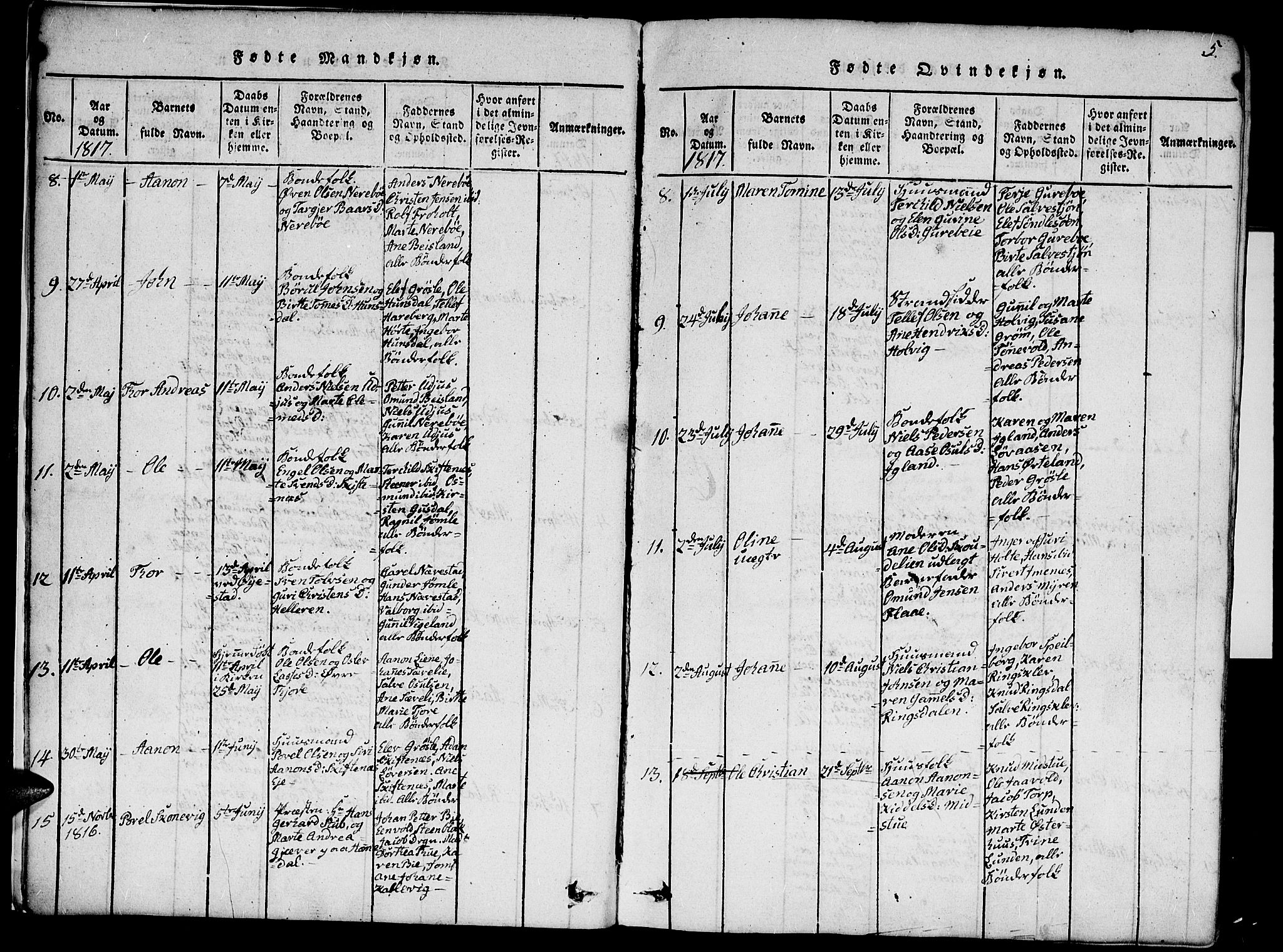 Hommedal sokneprestkontor, SAK/1111-0023/F/Fa/Fab/L0003: Parish register (official) no. A 3, 1815-1848, p. 5