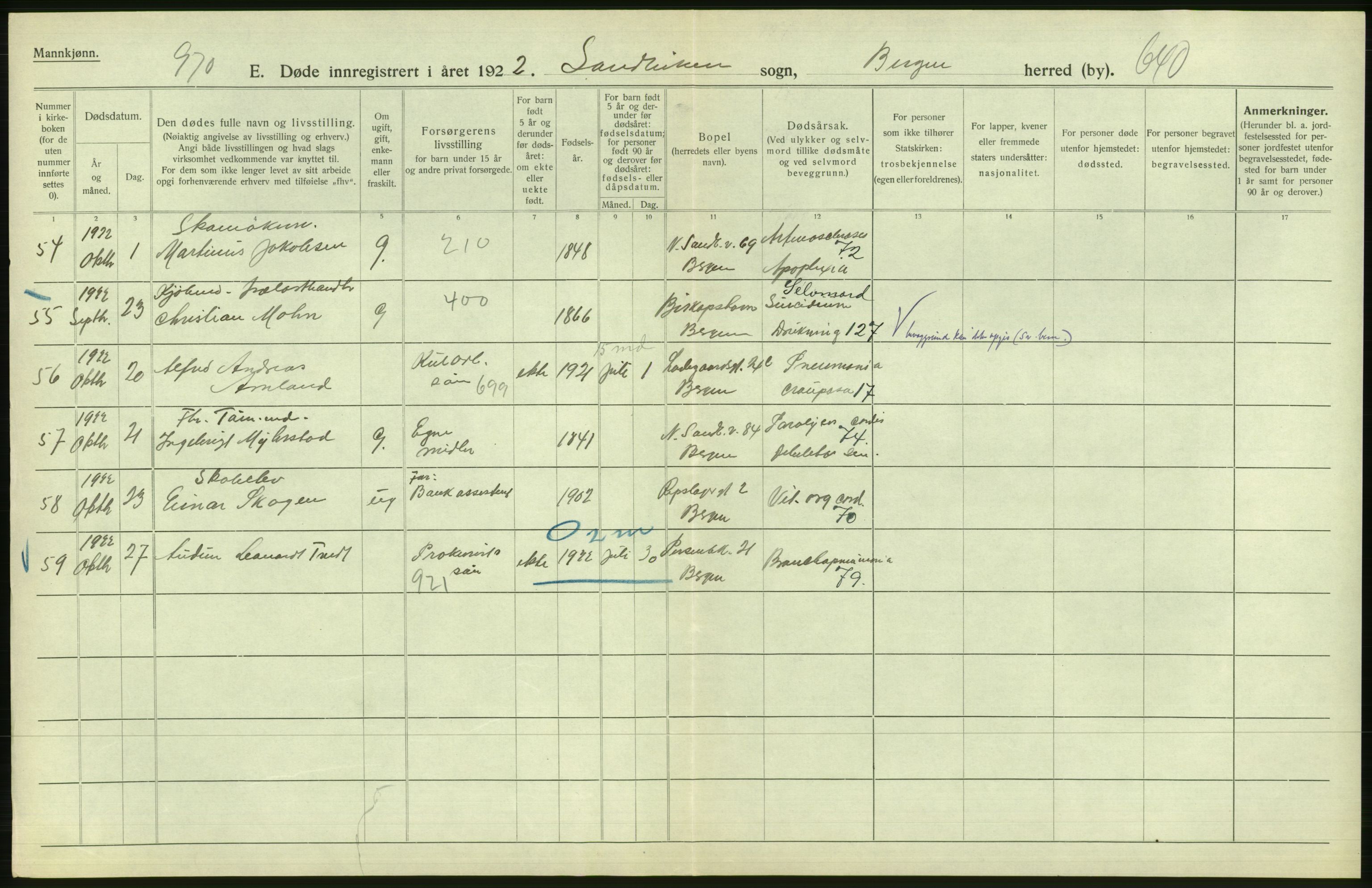 Statistisk sentralbyrå, Sosiodemografiske emner, Befolkning, AV/RA-S-2228/D/Df/Dfc/Dfcb/L0030: Bergen: Gifte, døde, dødfødte., 1922, p. 536