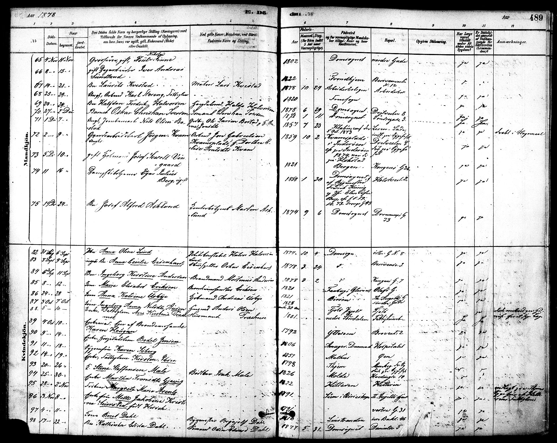 Ministerialprotokoller, klokkerbøker og fødselsregistre - Sør-Trøndelag, SAT/A-1456/601/L0058: Parish register (official) no. 601A26, 1877-1891, p. 489