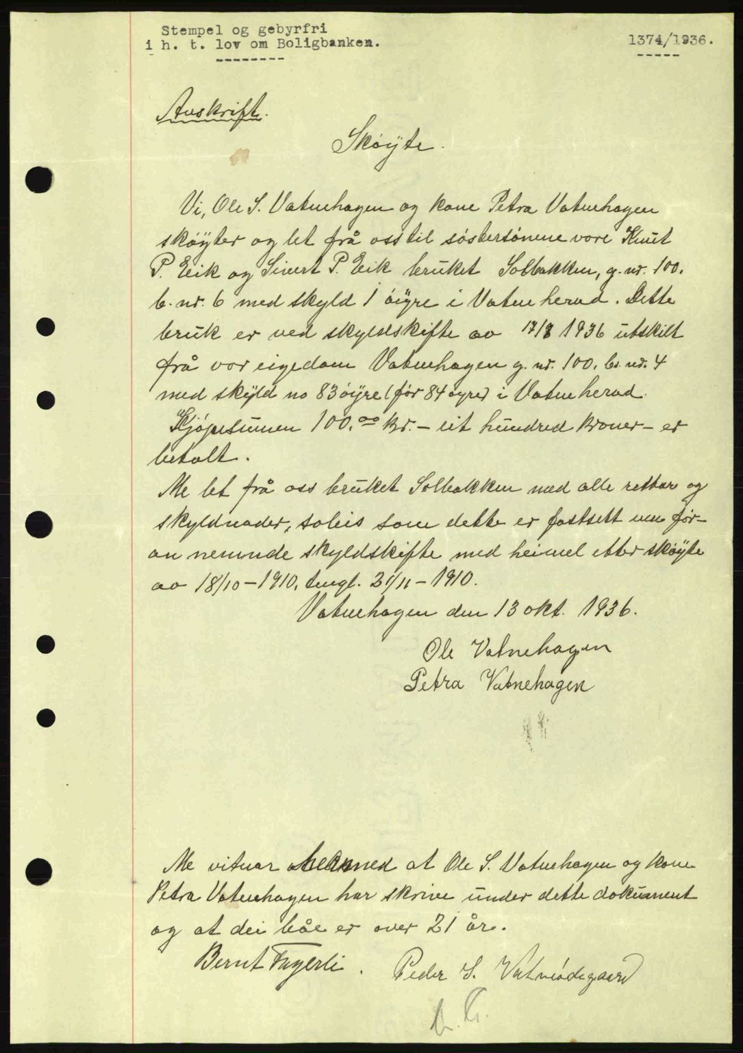 Nordre Sunnmøre sorenskriveri, AV/SAT-A-0006/1/2/2C/2Ca: Mortgage book no. A2, 1936-1937, Diary no: : 1374/1936