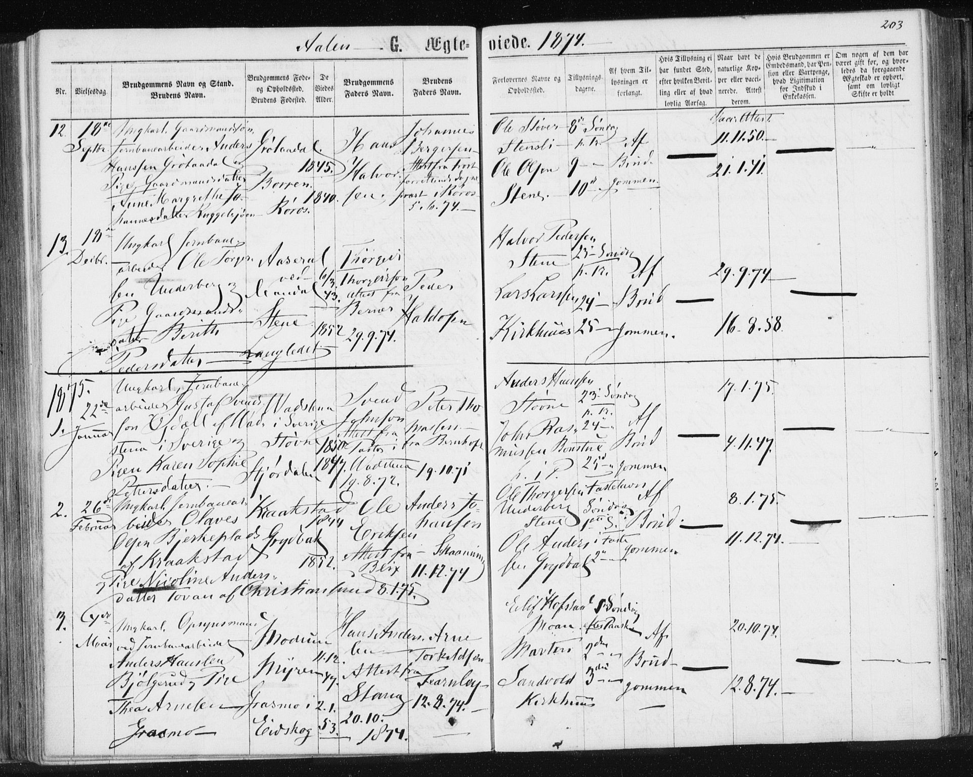 Ministerialprotokoller, klokkerbøker og fødselsregistre - Sør-Trøndelag, SAT/A-1456/685/L0971: Parish register (official) no. 685A08 /3, 1870-1879, p. 203