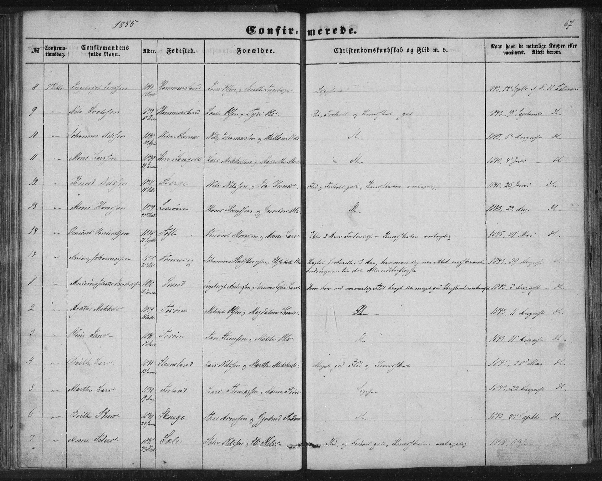 Sund sokneprestembete, AV/SAB-A-99930: Parish register (copy) no. B 1, 1852-1873, p. 67