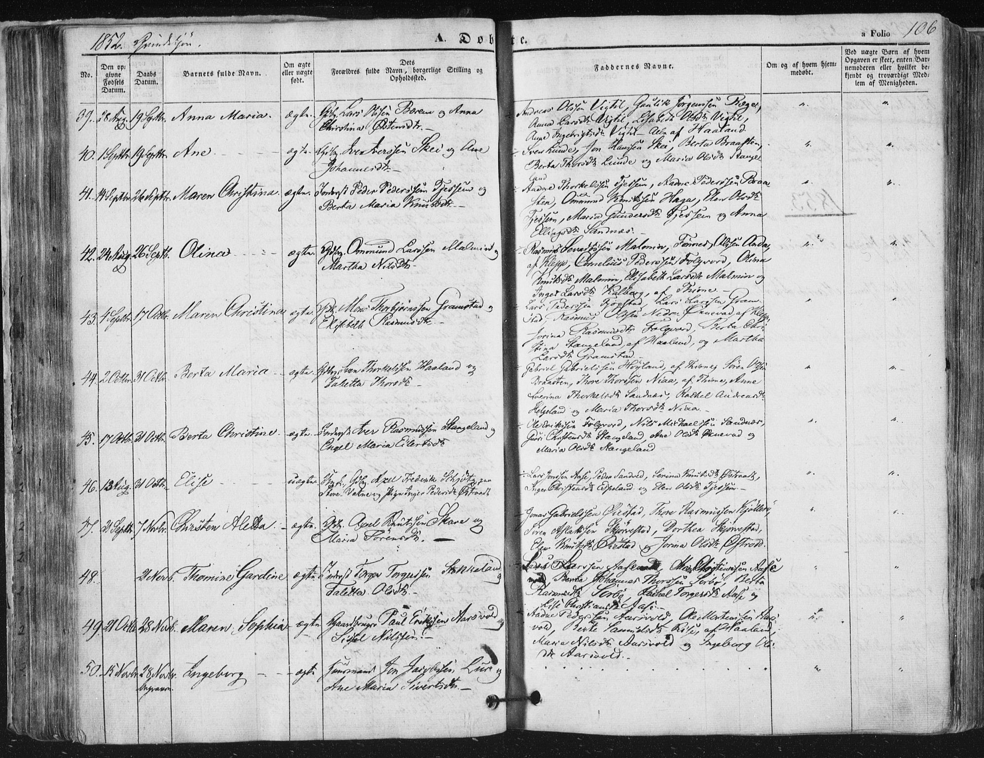 Høyland sokneprestkontor, AV/SAST-A-101799/001/30BA/L0008: Parish register (official) no. A 8, 1841-1856, p. 106