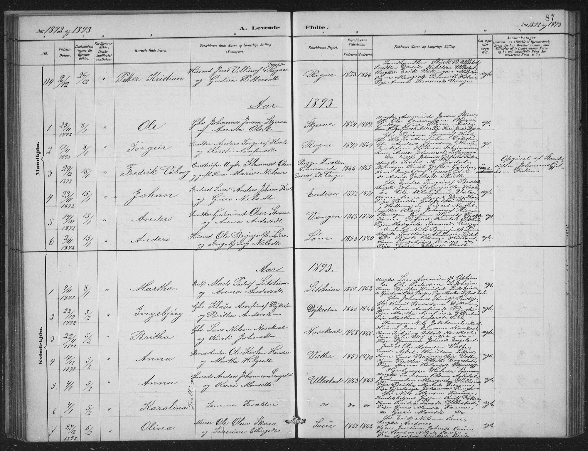 Voss sokneprestembete, SAB/A-79001/H/Hab: Parish register (copy) no. C 1, 1886-1899, p. 87