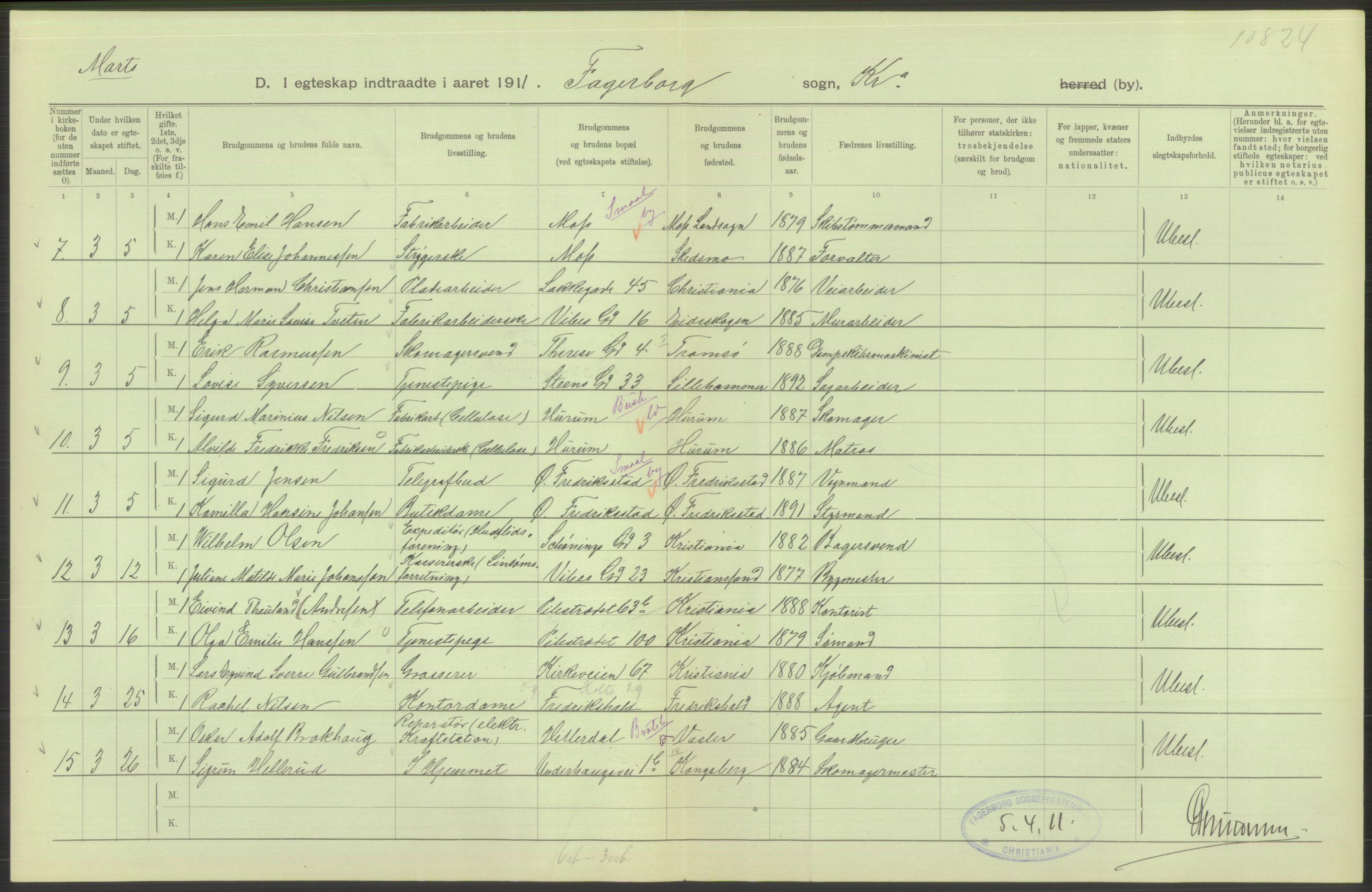 Statistisk sentralbyrå, Sosiodemografiske emner, Befolkning, AV/RA-S-2228/D/Df/Dfb/Dfba/L0008: Kristiania: Gifte, 1911, p. 338