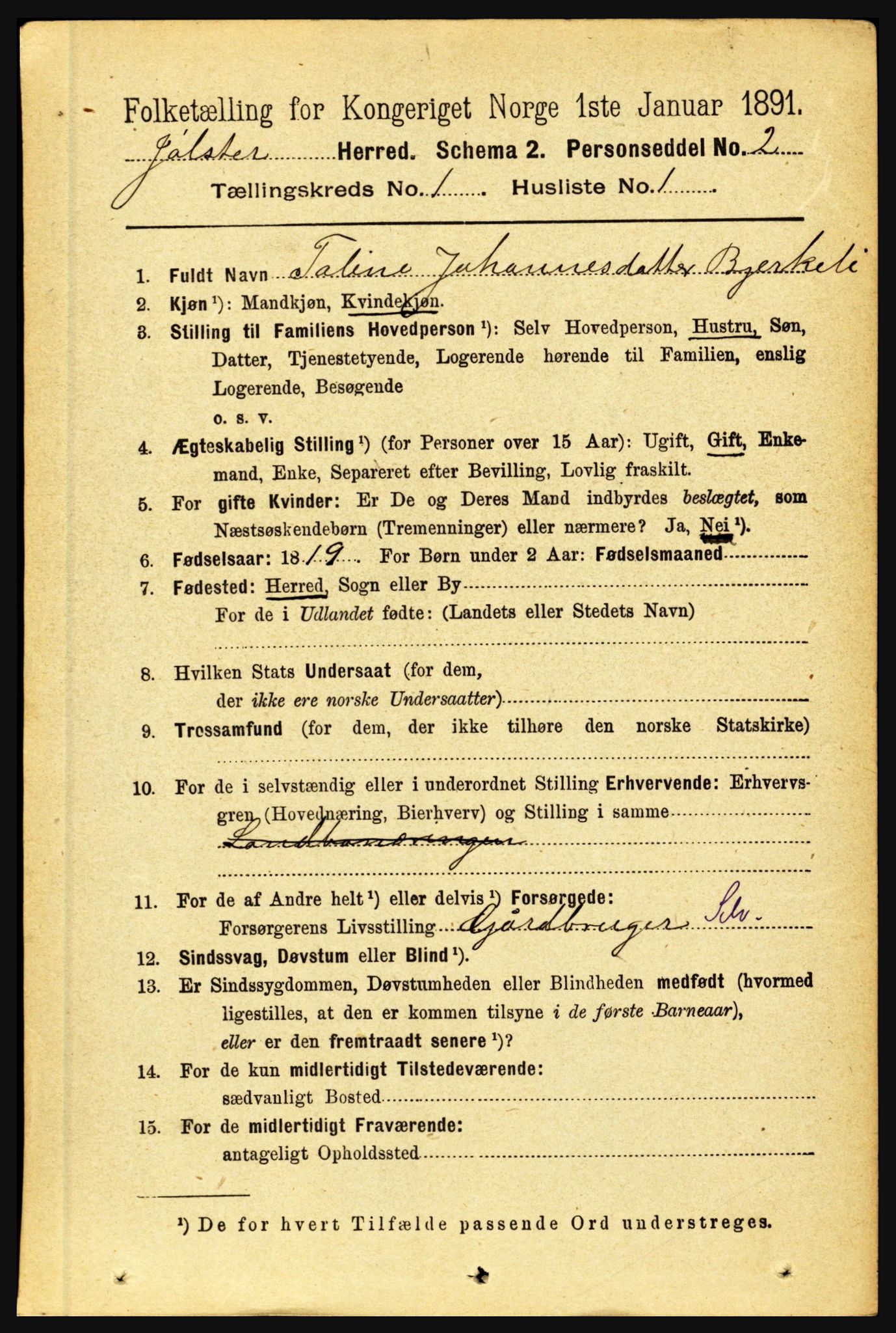 RA, 1891 census for 1431 Jølster, 1891, p. 97