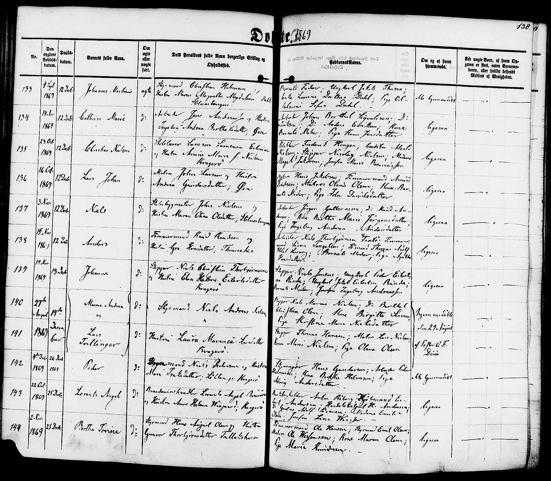 Kragerø kirkebøker, SAKO/A-278/F/Fa/L0007: Parish register (official) no. 7, 1861-1875, p. 138
