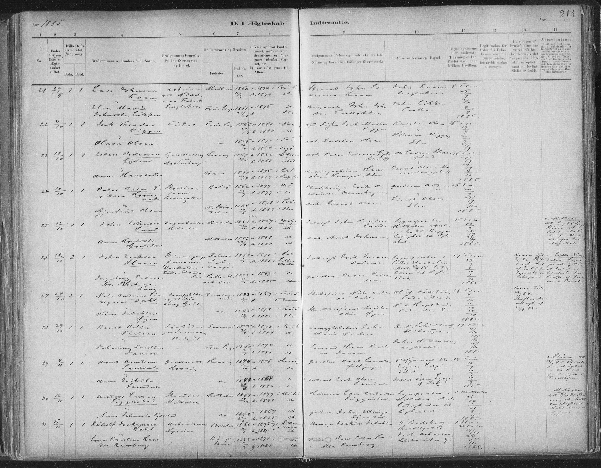 Ministerialprotokoller, klokkerbøker og fødselsregistre - Sør-Trøndelag, SAT/A-1456/603/L0162: Parish register (official) no. 603A01, 1879-1895, p. 214