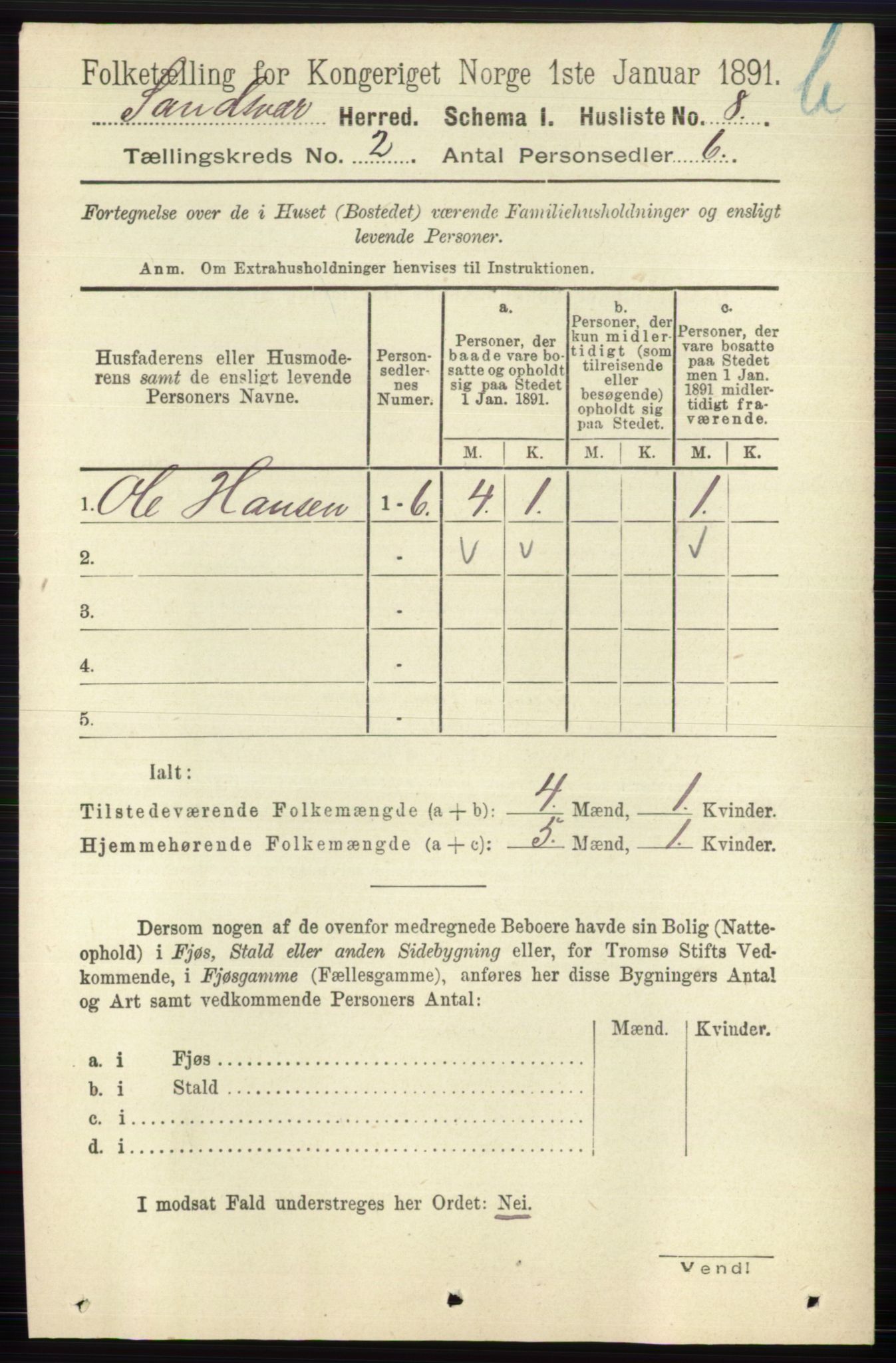 RA, 1891 census for 0629 Sandsvær, 1891, p. 5720