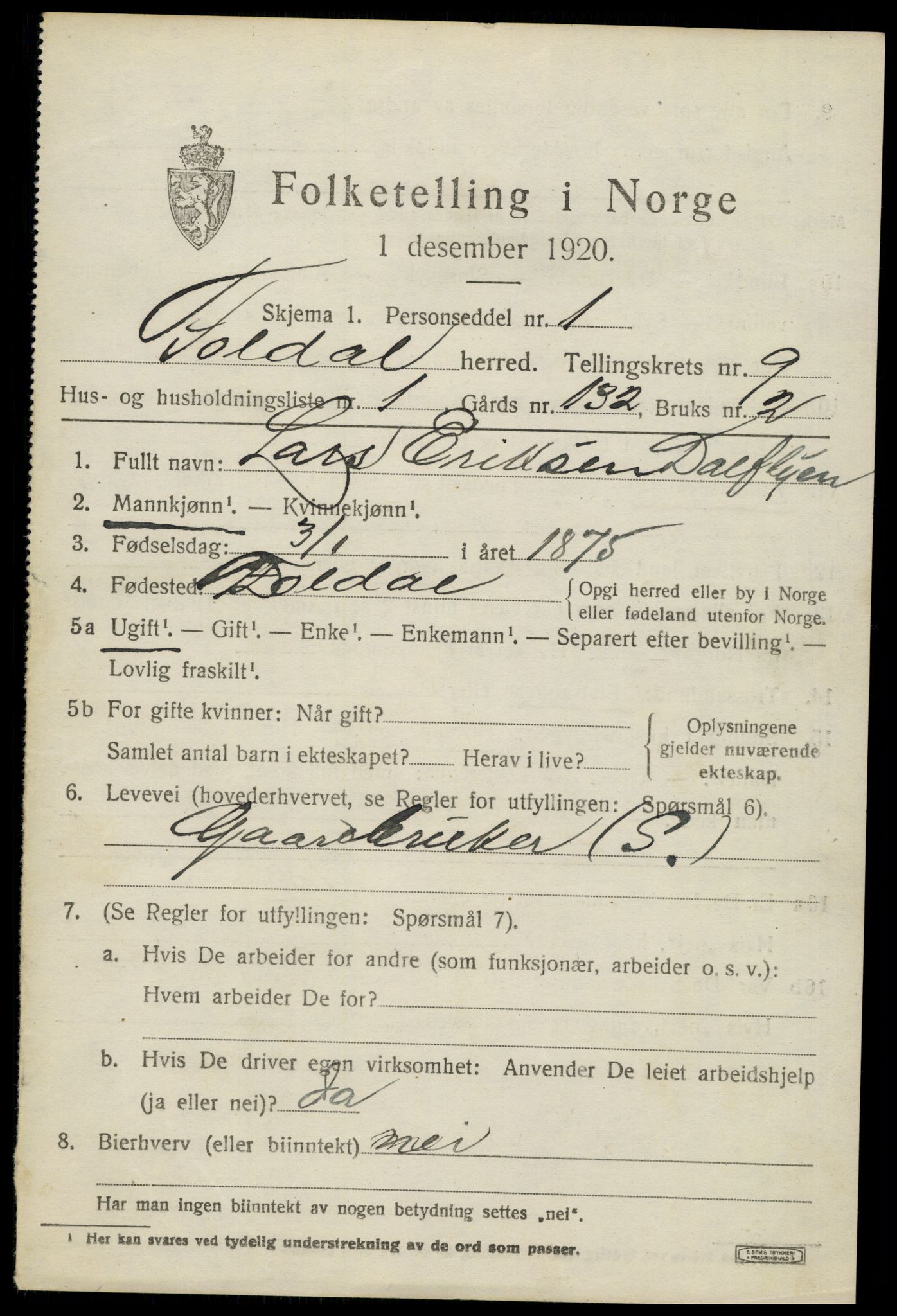 SAH, 1920 census for Folldal, 1920, p. 4579