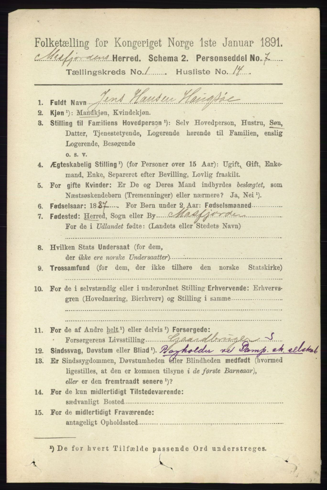 RA, 1891 census for 1266 Masfjorden, 1891, p. 139