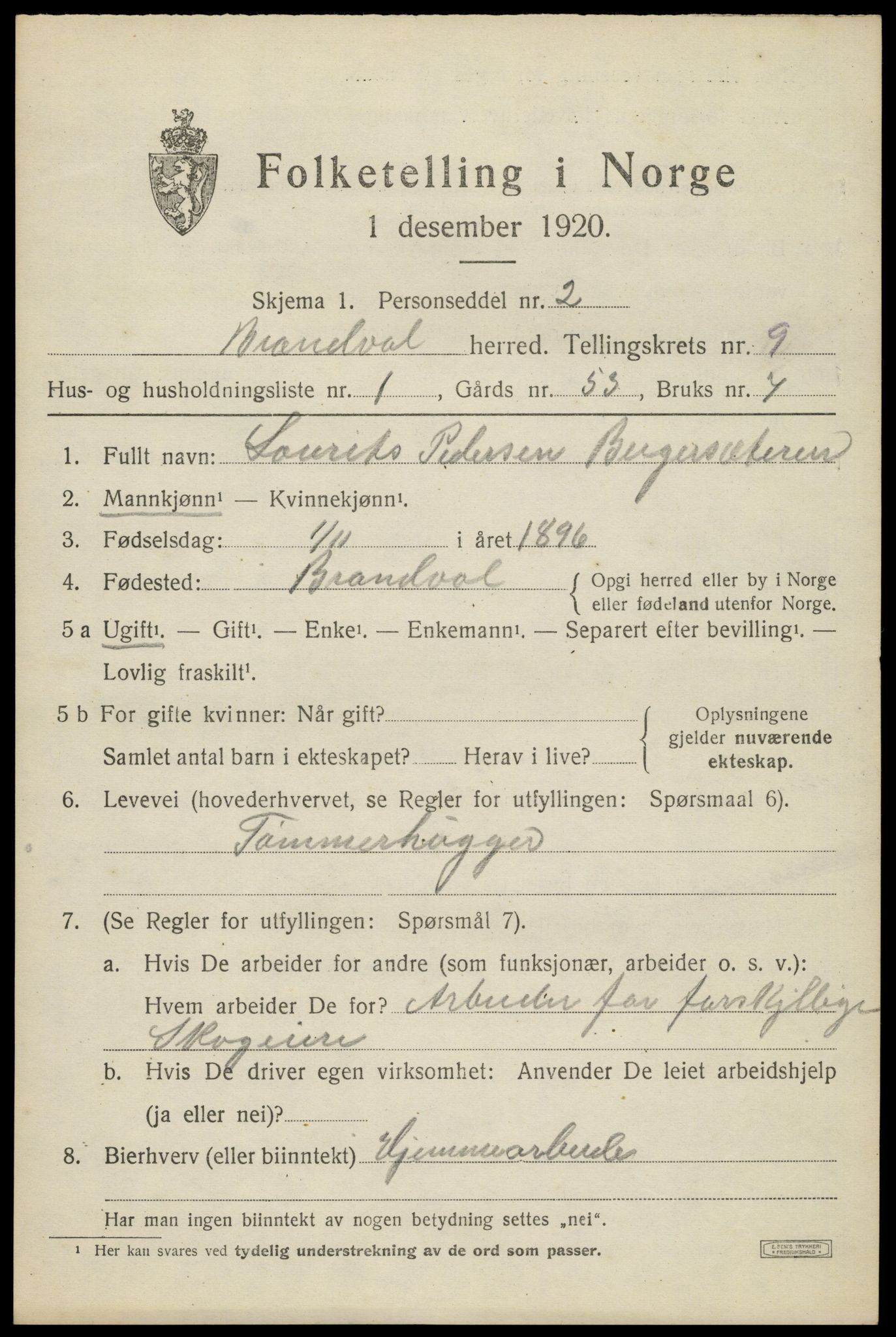 SAH, 1920 census for Brandval, 1920, p. 7294