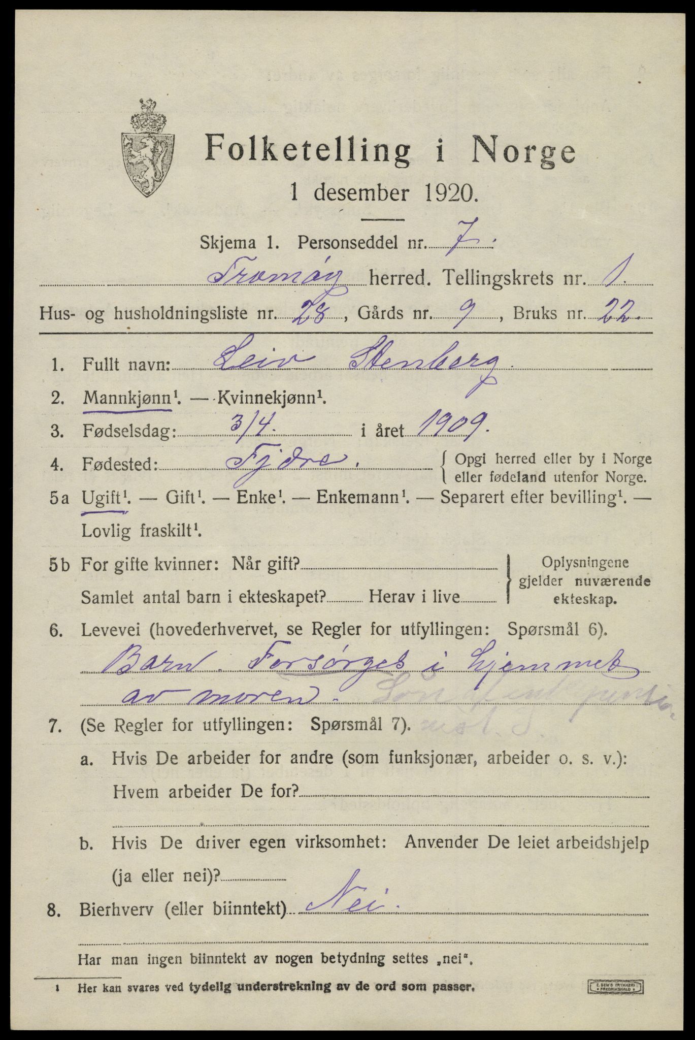 SAK, 1920 census for Tromøy, 1920, p. 1289