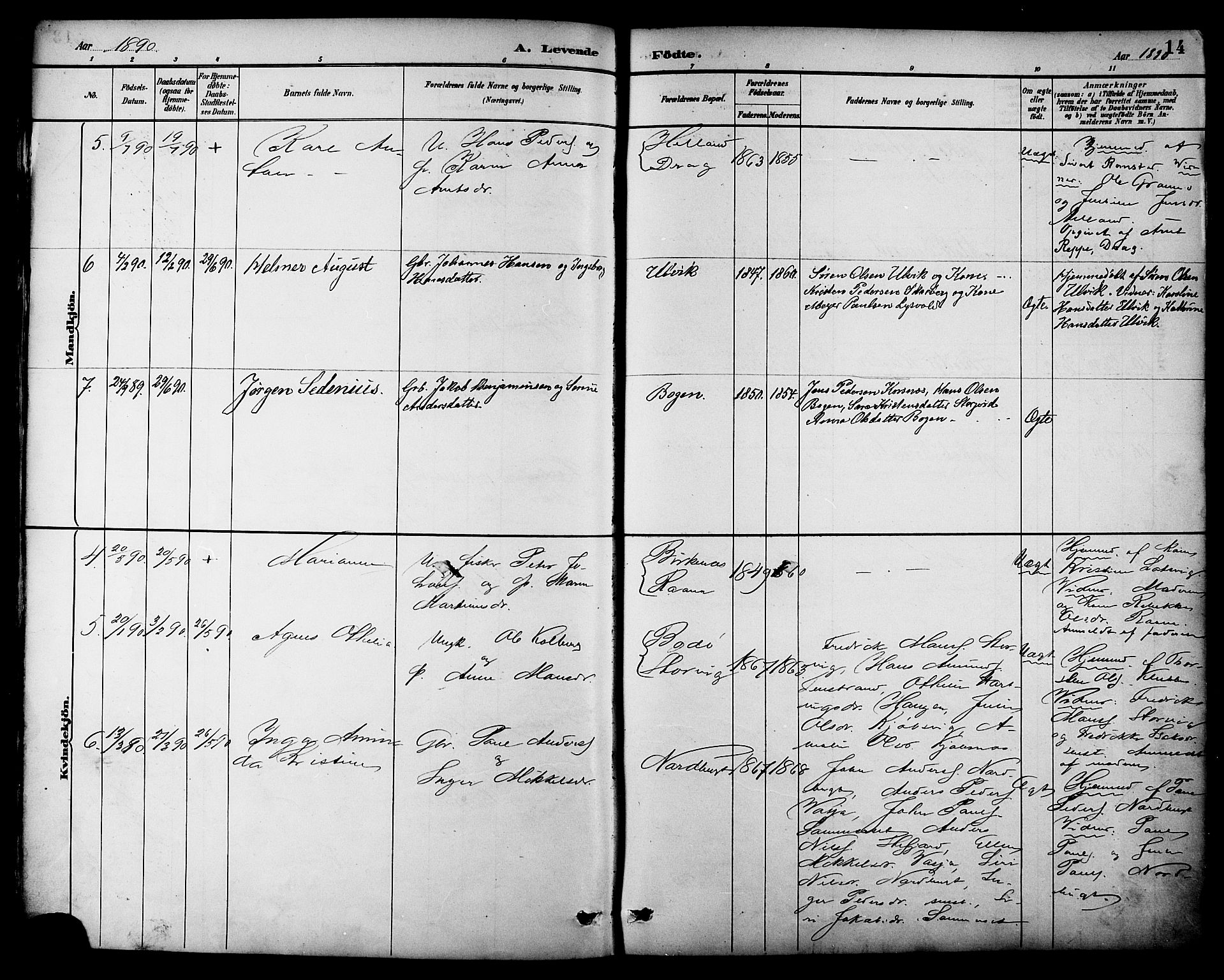 Ministerialprotokoller, klokkerbøker og fødselsregistre - Nordland, AV/SAT-A-1459/861/L0869: Parish register (official) no. 861A04, 1889-1903, p. 14