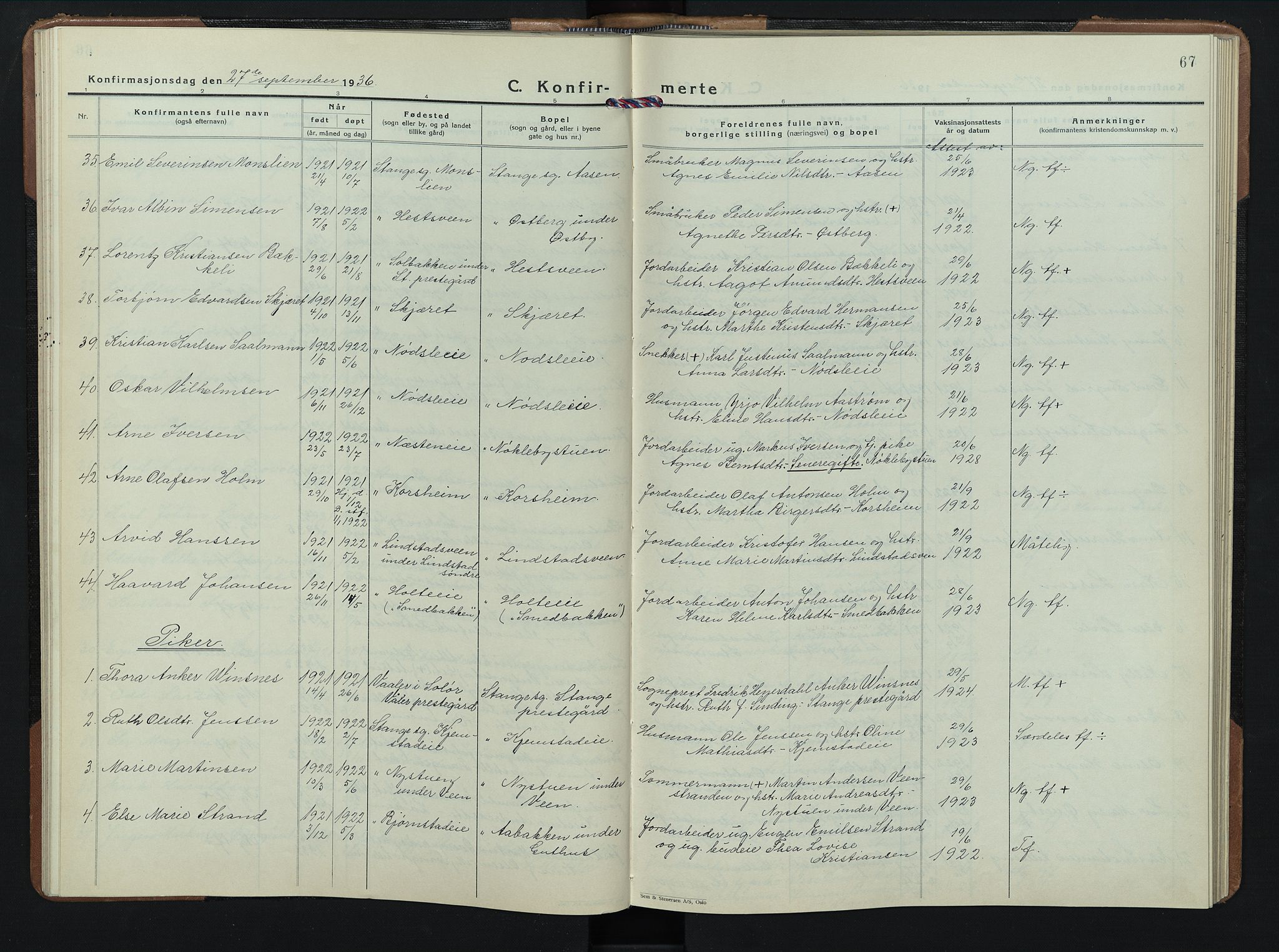 Stange prestekontor, AV/SAH-PREST-002/L/L0020: Parish register (copy) no. 20, 1936-1947, p. 67