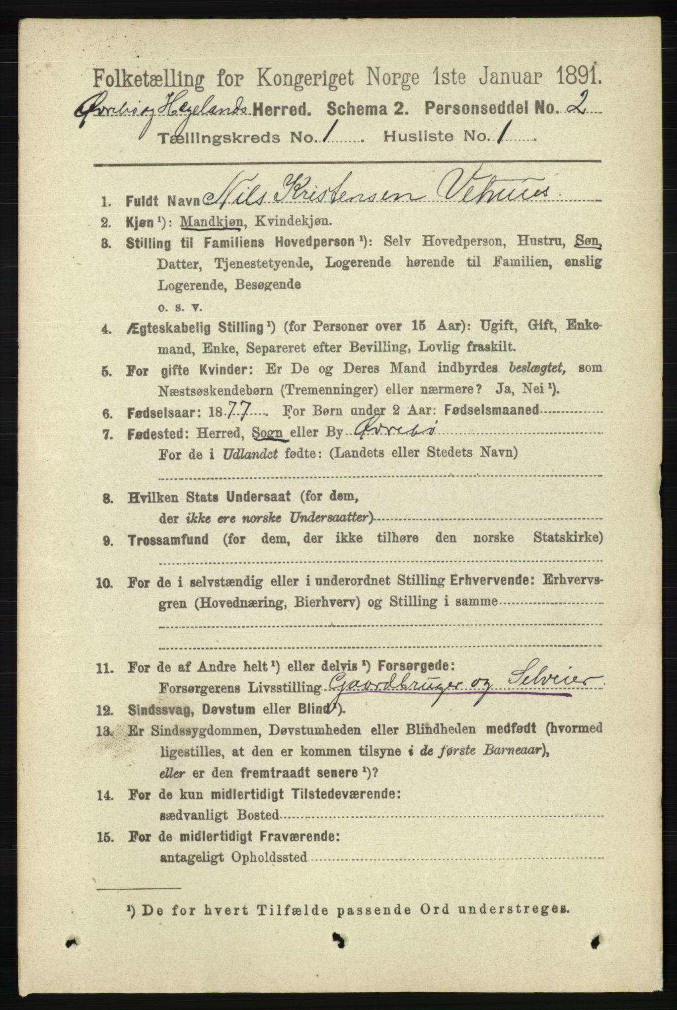 RA, 1891 census for 1016 Øvrebø og Hægeland, 1891, p. 69