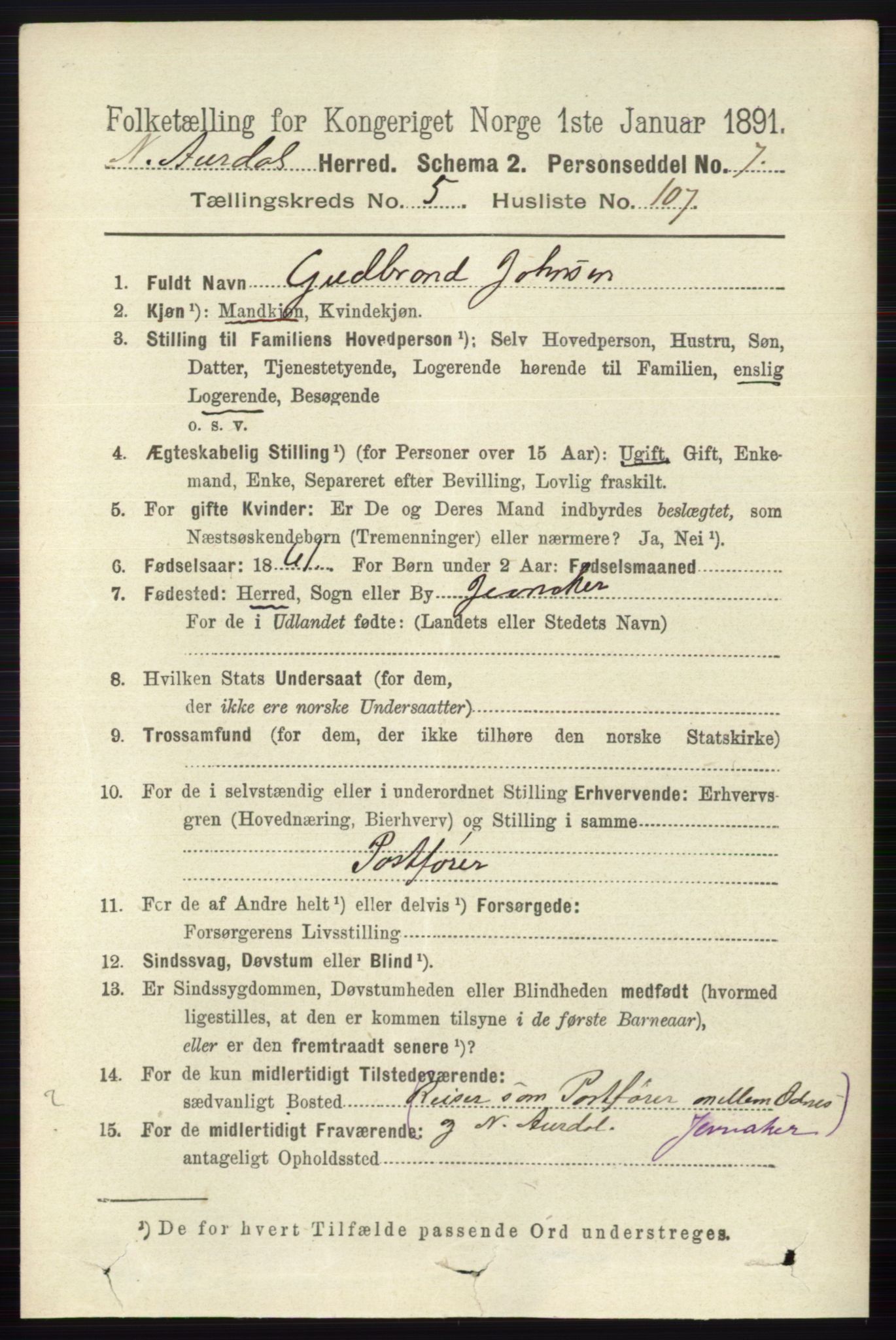 RA, 1891 census for 0542 Nord-Aurdal, 1891, p. 2043