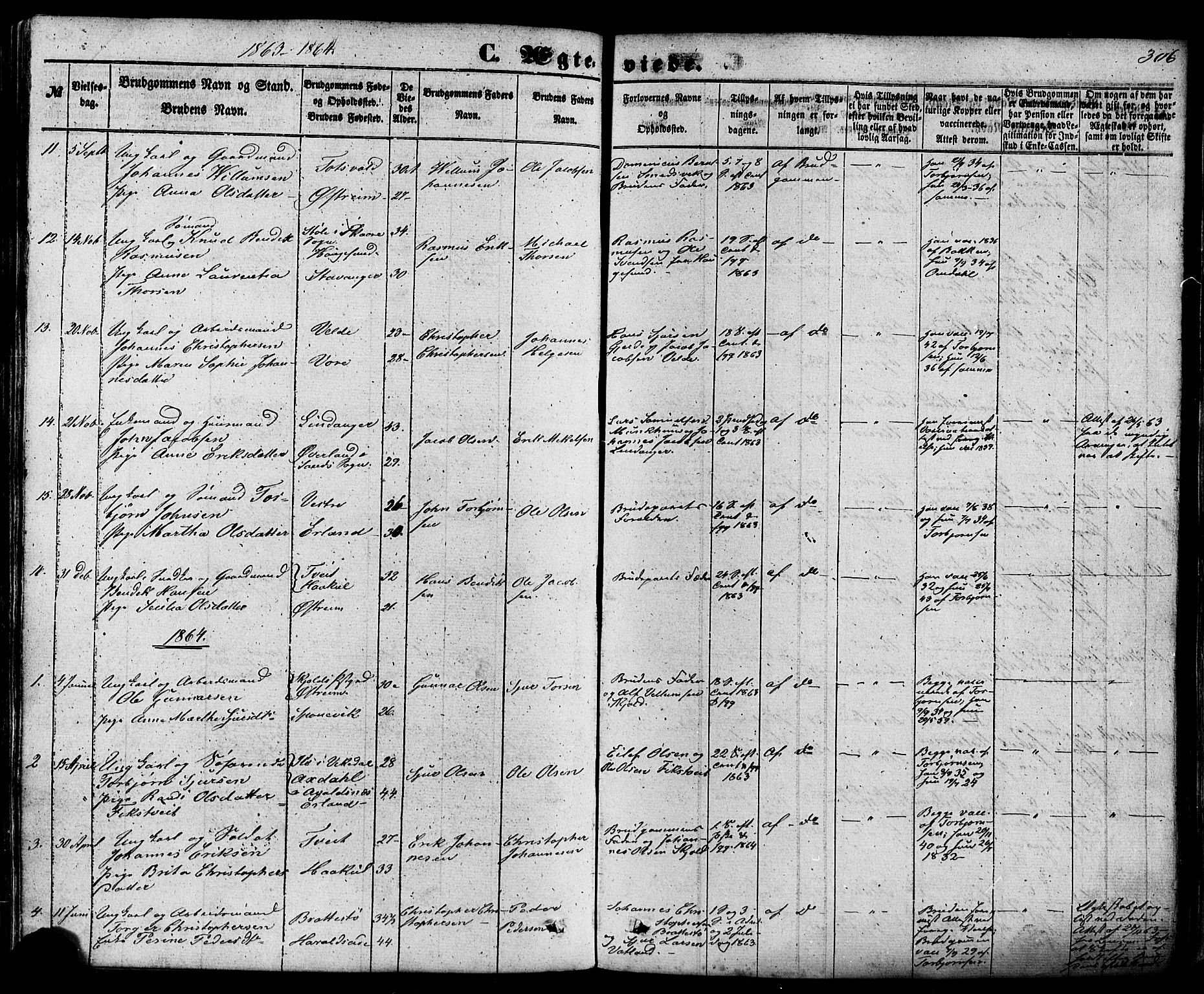 Skjold sokneprestkontor, AV/SAST-A-101847/H/Ha/Haa/L0008: Parish register (official) no. A 8, 1856-1882, p. 306