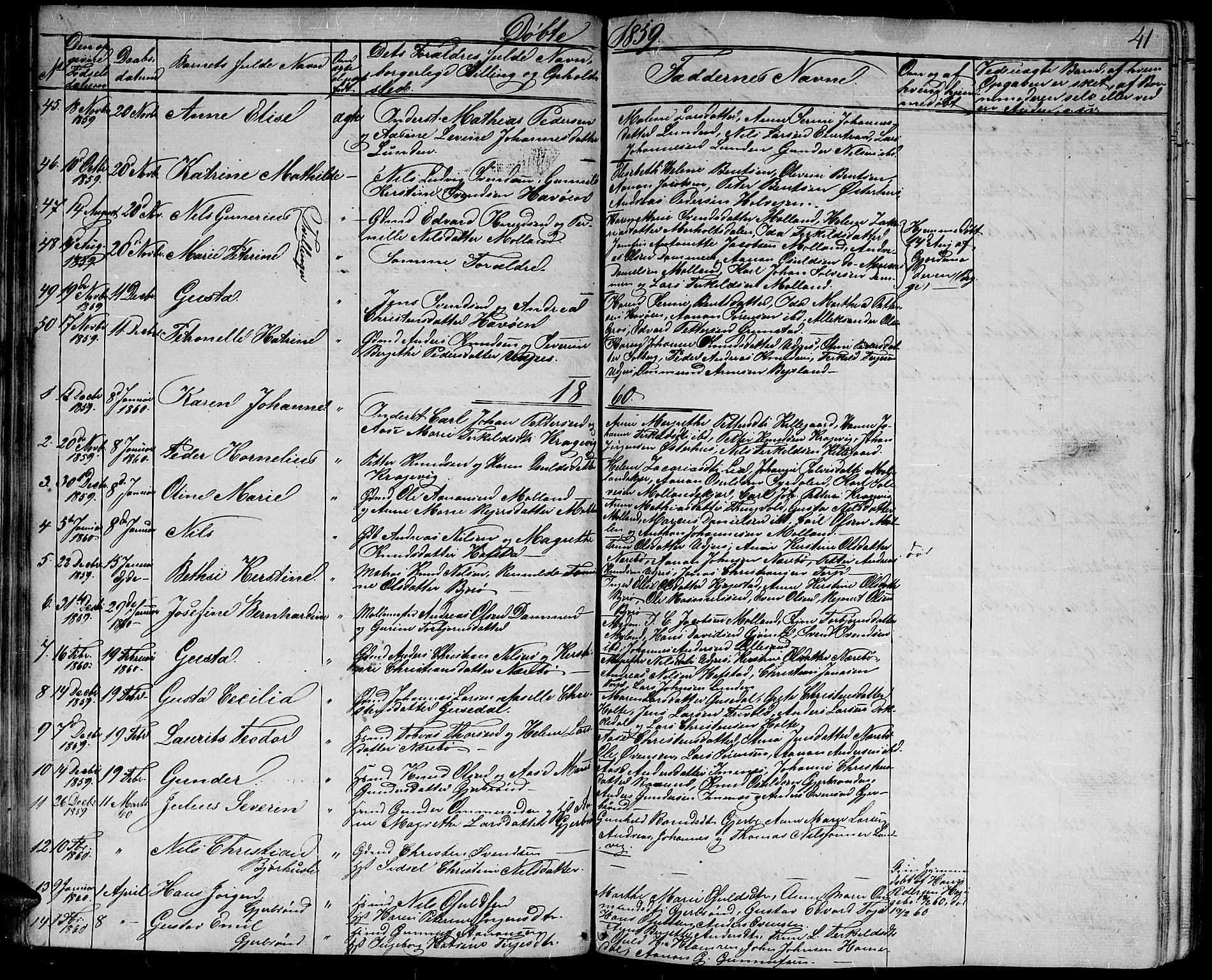 Hommedal sokneprestkontor, AV/SAK-1111-0023/F/Fb/Fbb/L0005: Parish register (copy) no. B 5, 1850-1869, p. 41