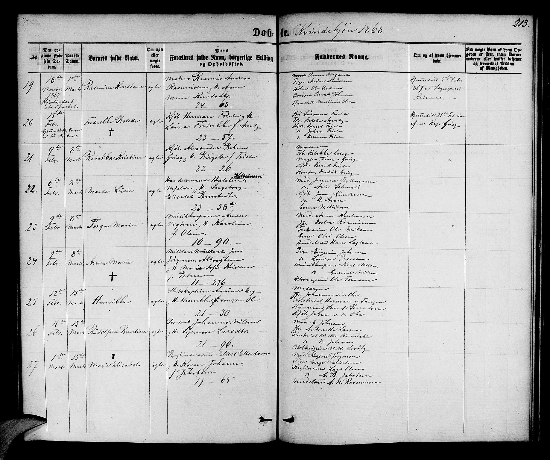 Korskirken sokneprestembete, AV/SAB-A-76101/H/Hab: Parish register (copy) no. B 5, 1863-1868, p. 213