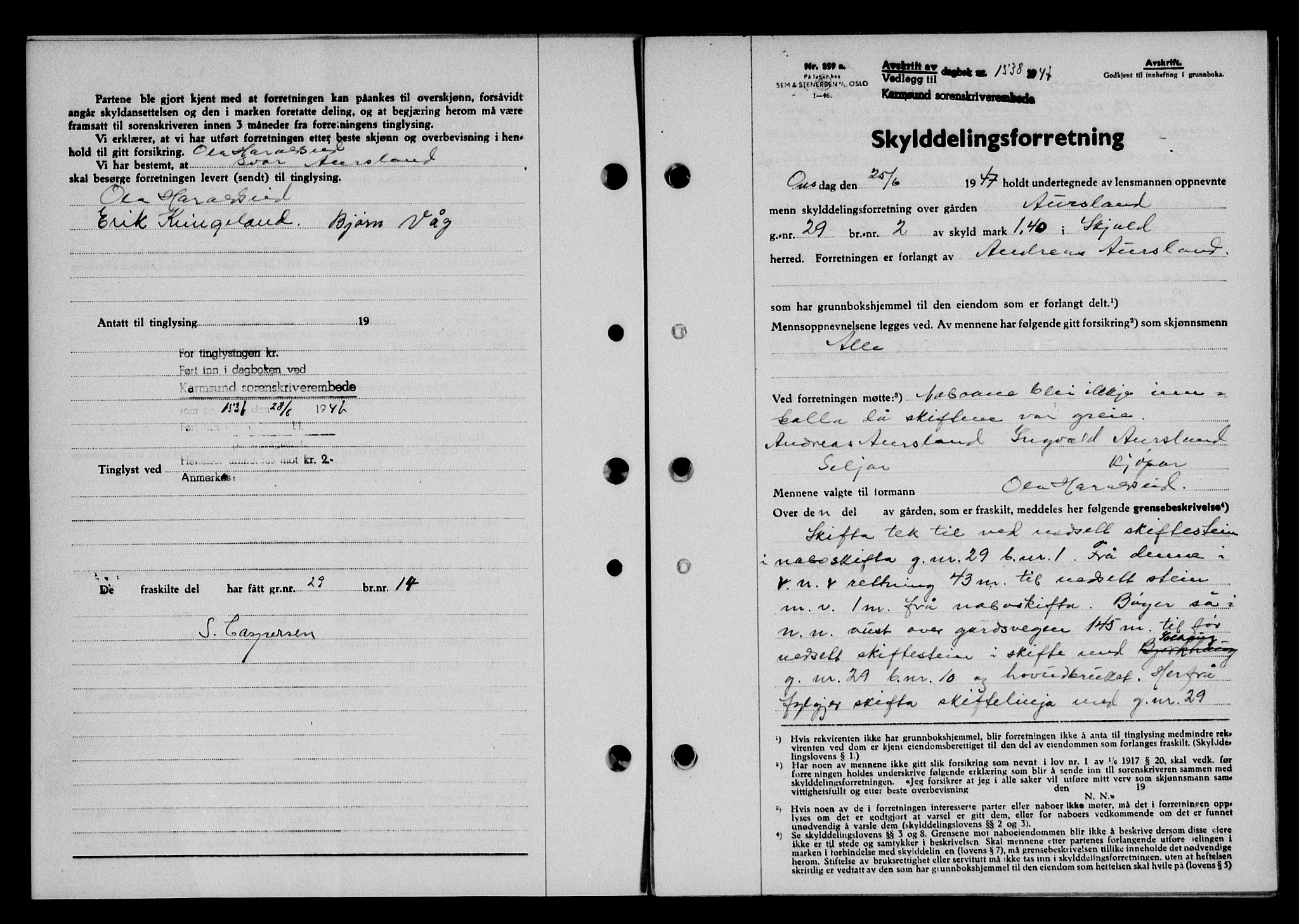 Karmsund sorenskriveri, SAST/A-100311/01/II/IIB/L0090: Mortgage book no. 70A, 1947-1947, Diary no: : 1538/1947