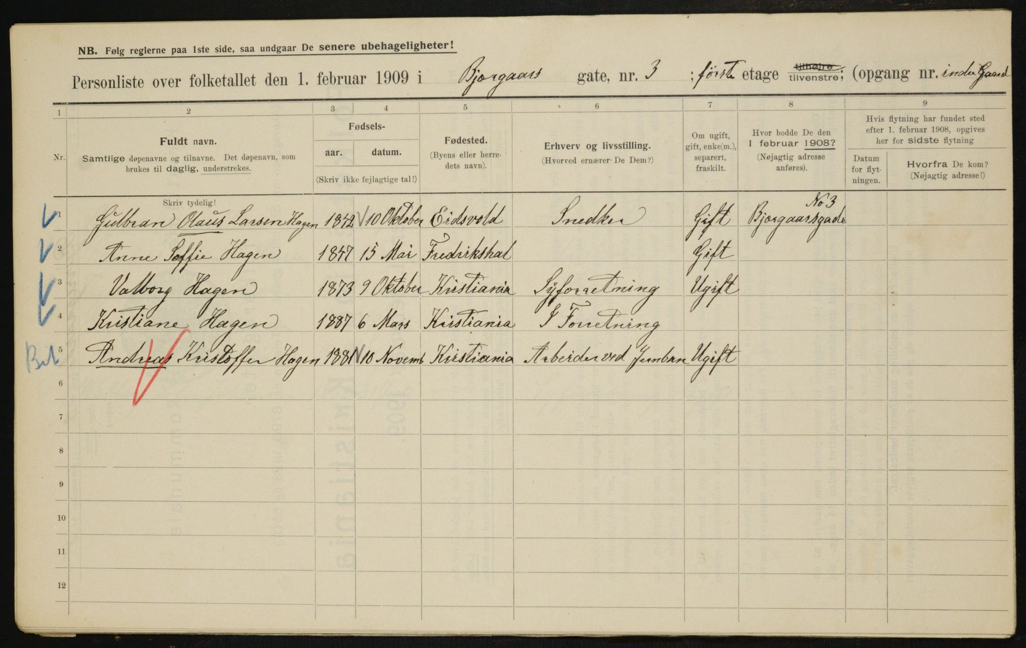 OBA, Municipal Census 1909 for Kristiania, 1909, p. 5137
