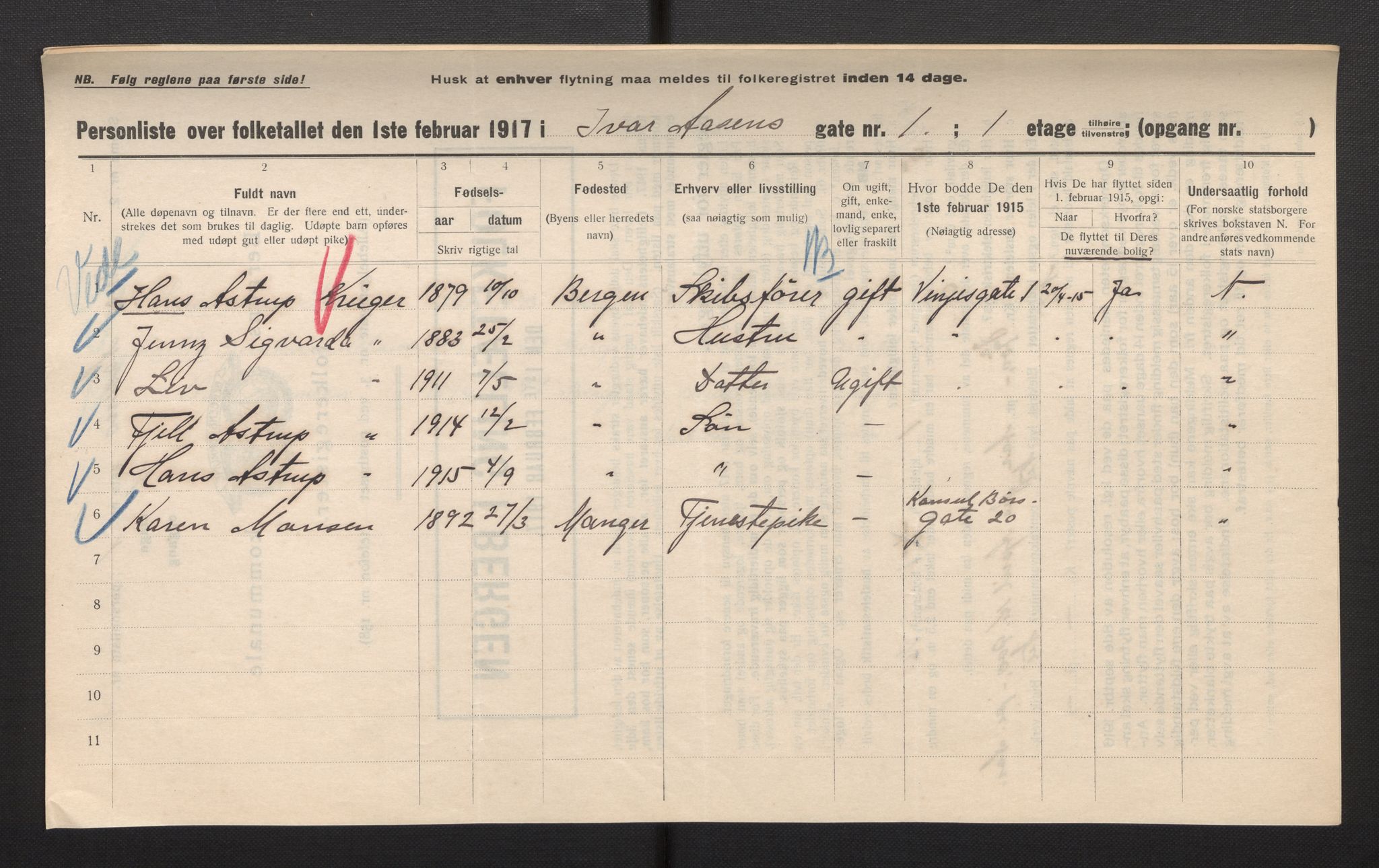 SAB, Municipal Census 1917 for Bergen, 1917, p. 15032