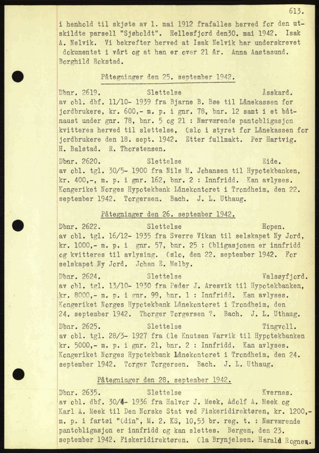 Nordmøre sorenskriveri, AV/SAT-A-4132/1/2/2Ca: Mortgage book no. C81, 1940-1945, Diary no: : 2619/1942