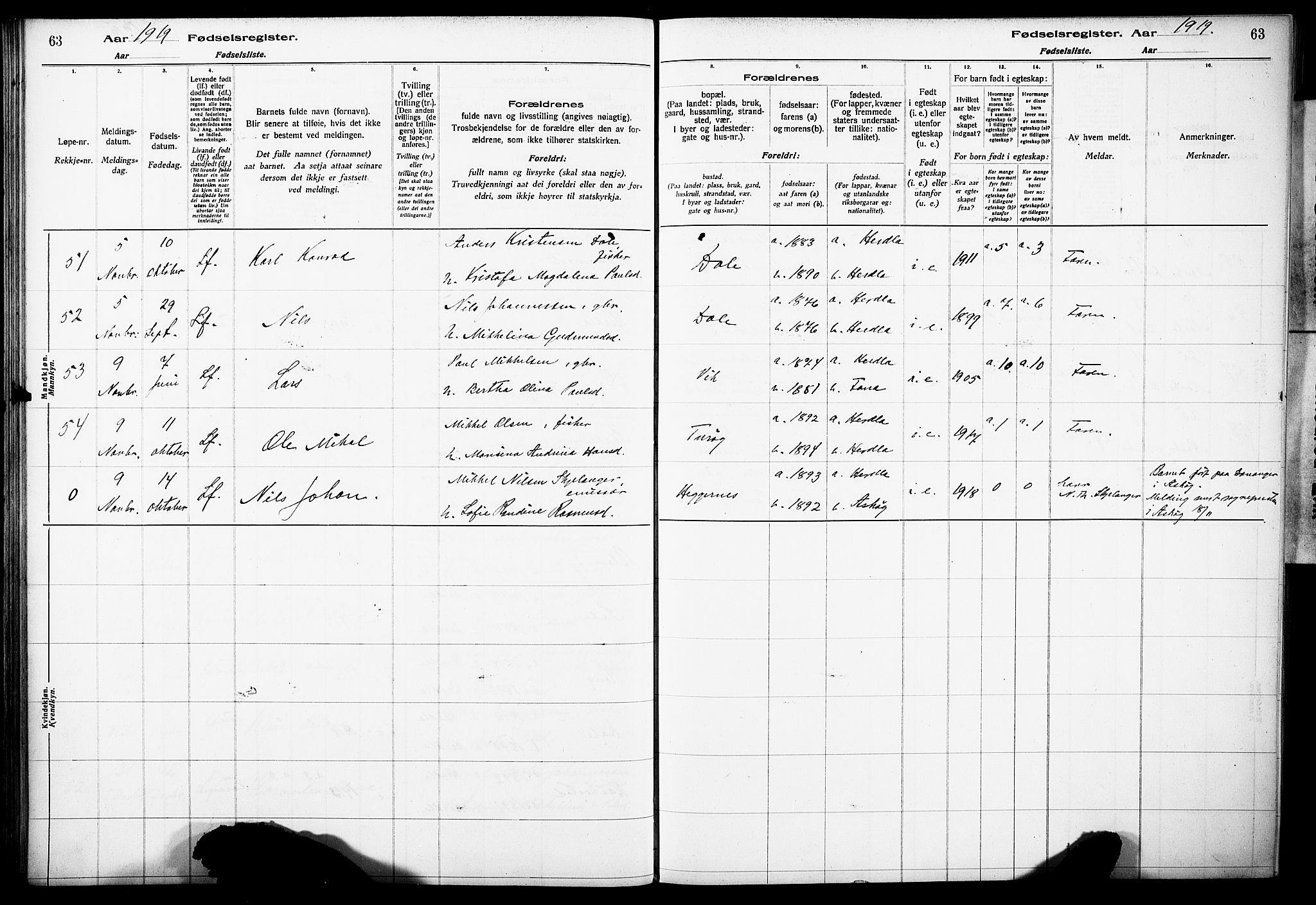 Herdla Sokneprestembete, AV/SAB-A-75701/I/Id/L00A1: Birth register no. A 1, 1916-1929, p. 63