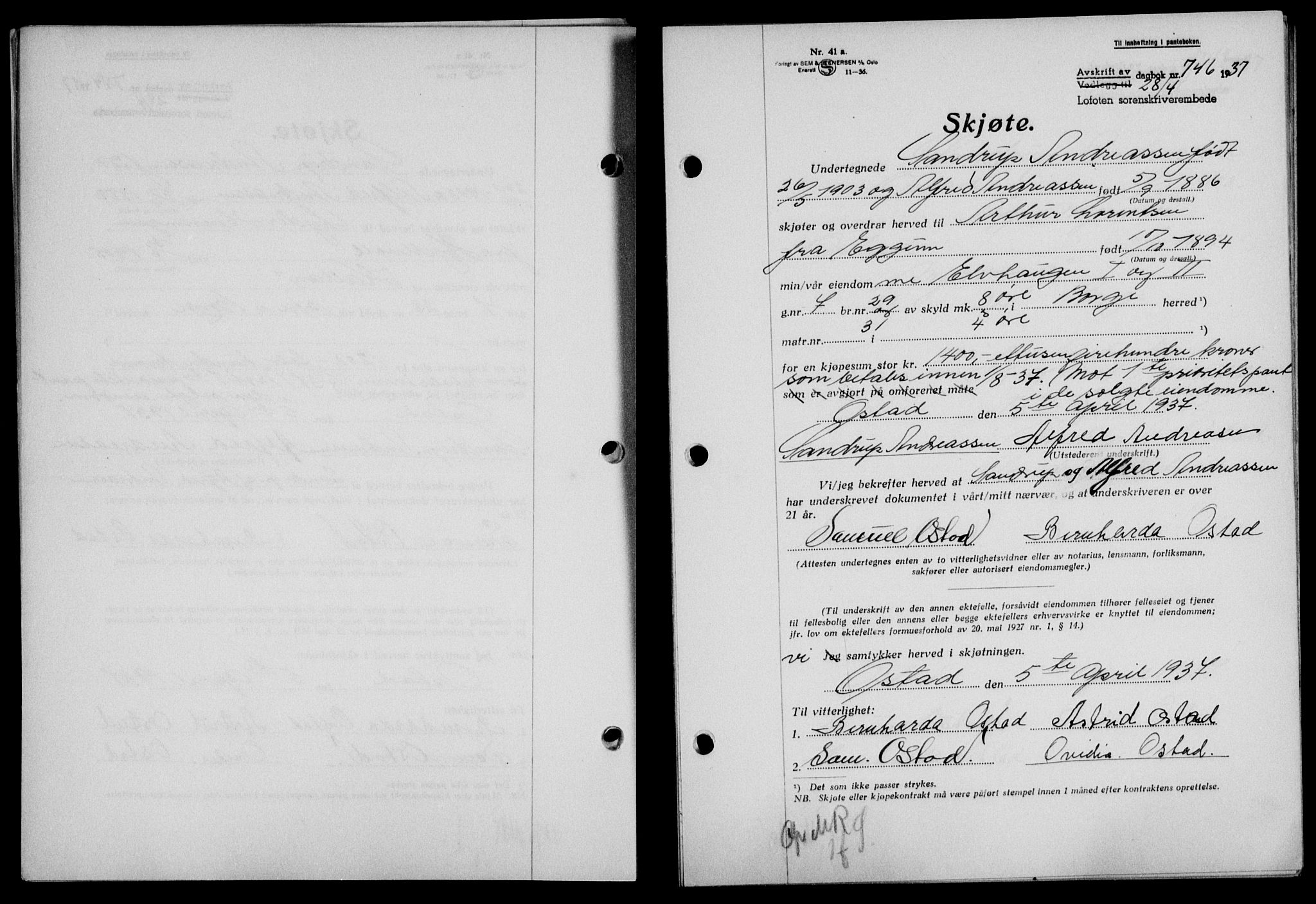 Lofoten sorenskriveri, SAT/A-0017/1/2/2C/L0002a: Mortgage book no. 2a, 1937-1937, Diary no: : 746/1937