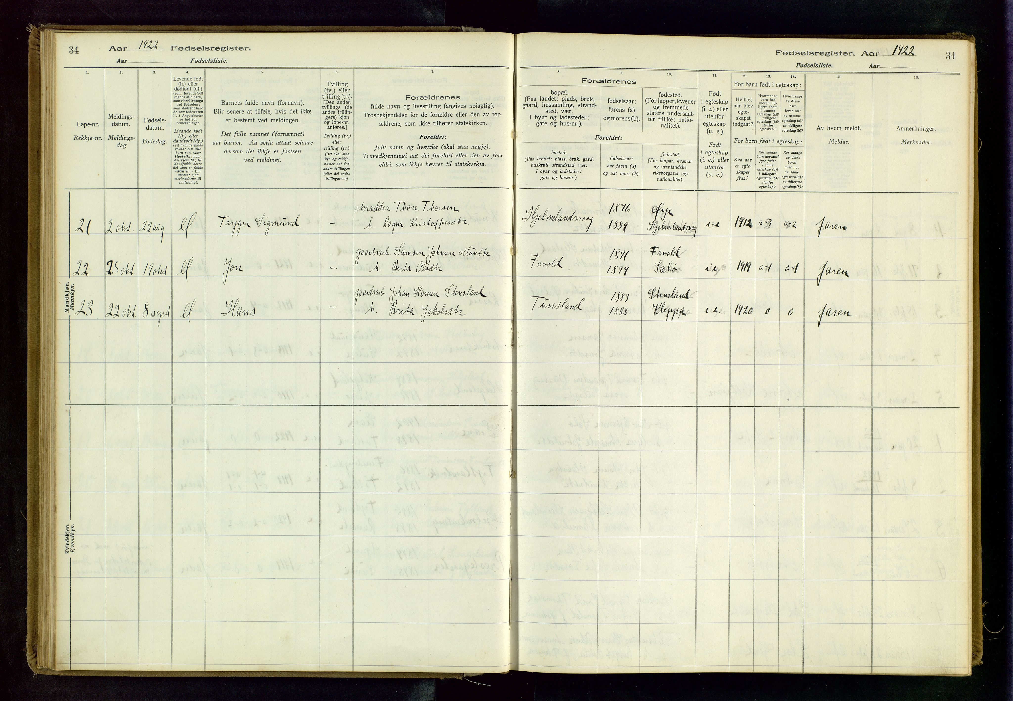 Hjelmeland sokneprestkontor, AV/SAST-A-101843/02/B/L0001: Birth register no. 1, 1916-1963, p. 34