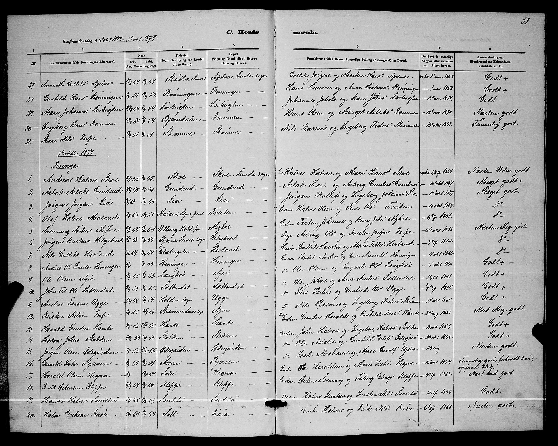 Lunde kirkebøker, SAKO/A-282/G/Ga/L0001b: Parish register (copy) no. I 1, 1879-1887, p. 53