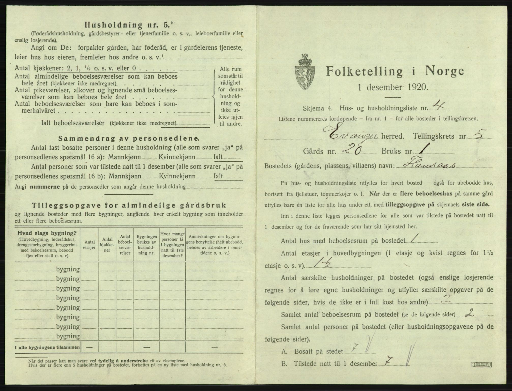 SAB, 1920 census for Evanger, 1920, p. 237