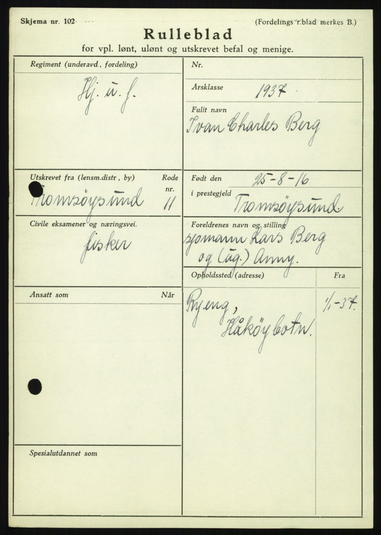 Forsvaret, Troms infanteriregiment nr. 16, AV/RA-RAFA-3146/P/Pa/L0021: Rulleblad for regimentets menige mannskaper, årsklasse 1937, 1937, p. 49