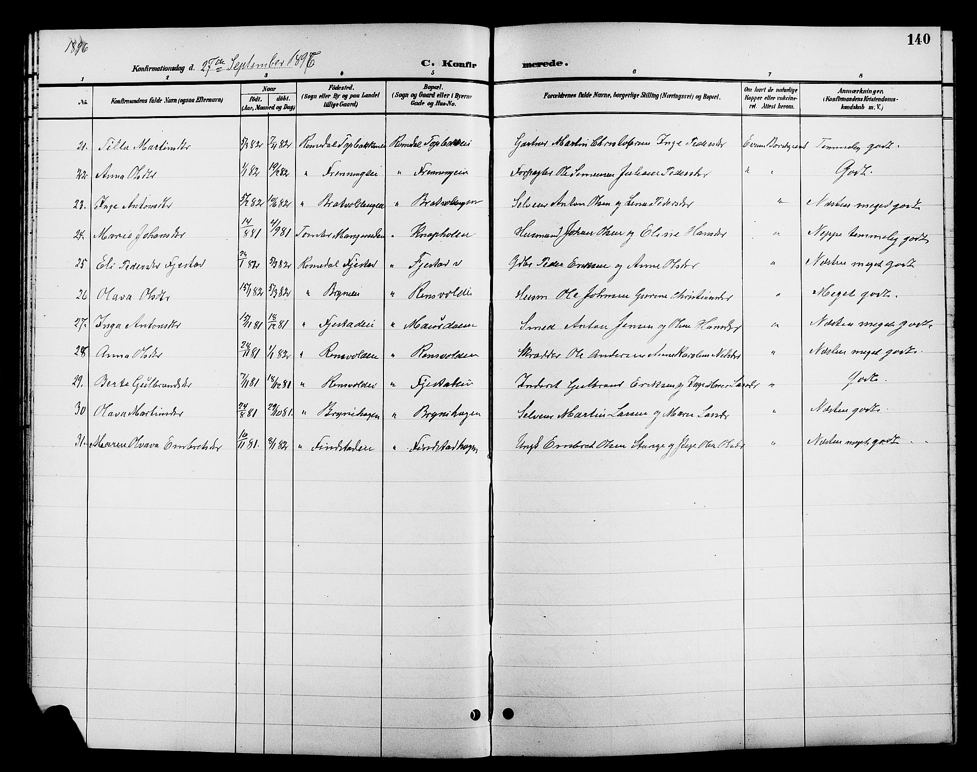 Romedal prestekontor, AV/SAH-PREST-004/L/L0012: Parish register (copy) no. 12, 1896-1914, p. 140