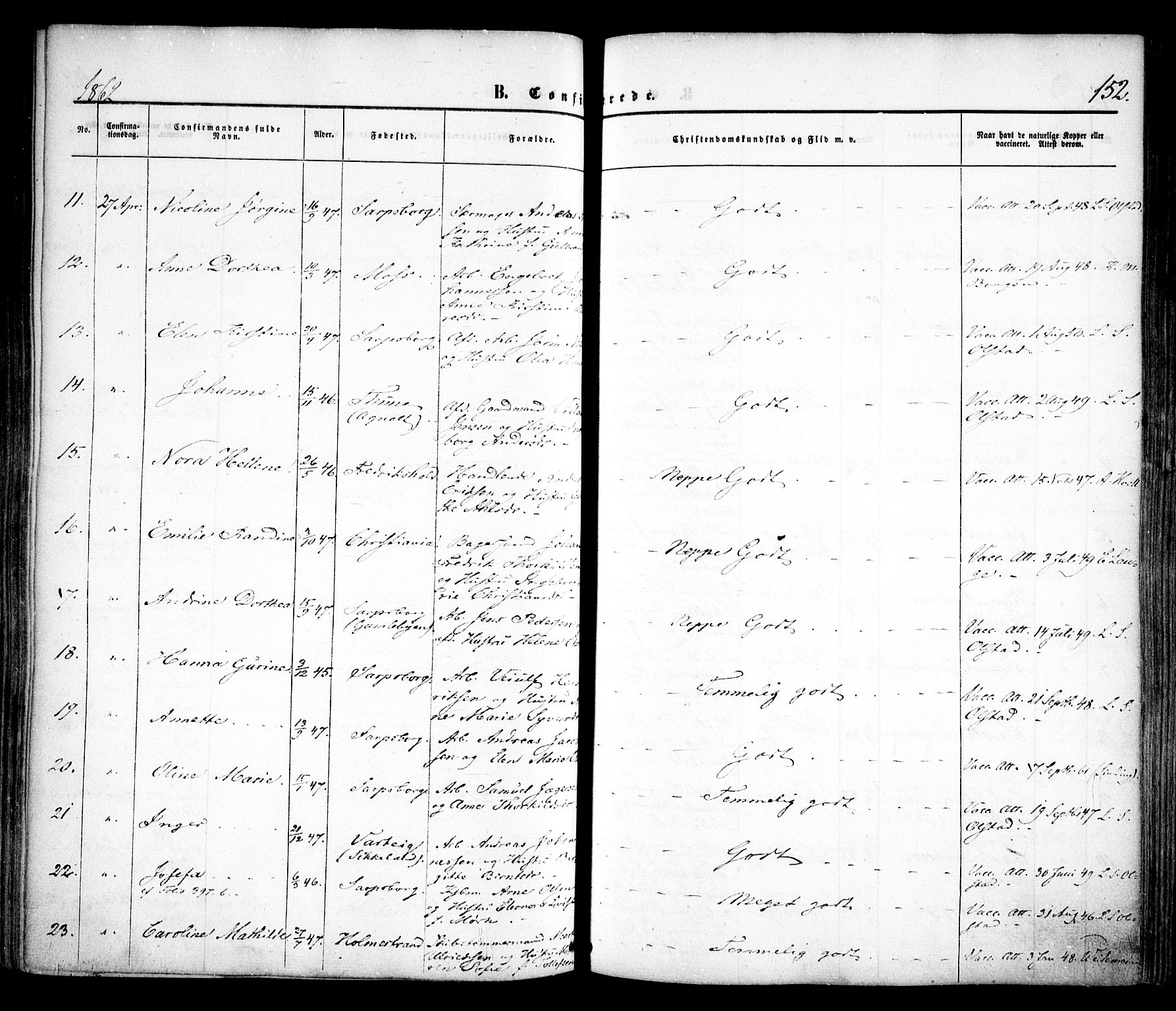 Sarpsborg prestekontor Kirkebøker, AV/SAO-A-2006/F/Fa/L0001: Parish register (official) no. 1, 1859-1868, p. 152