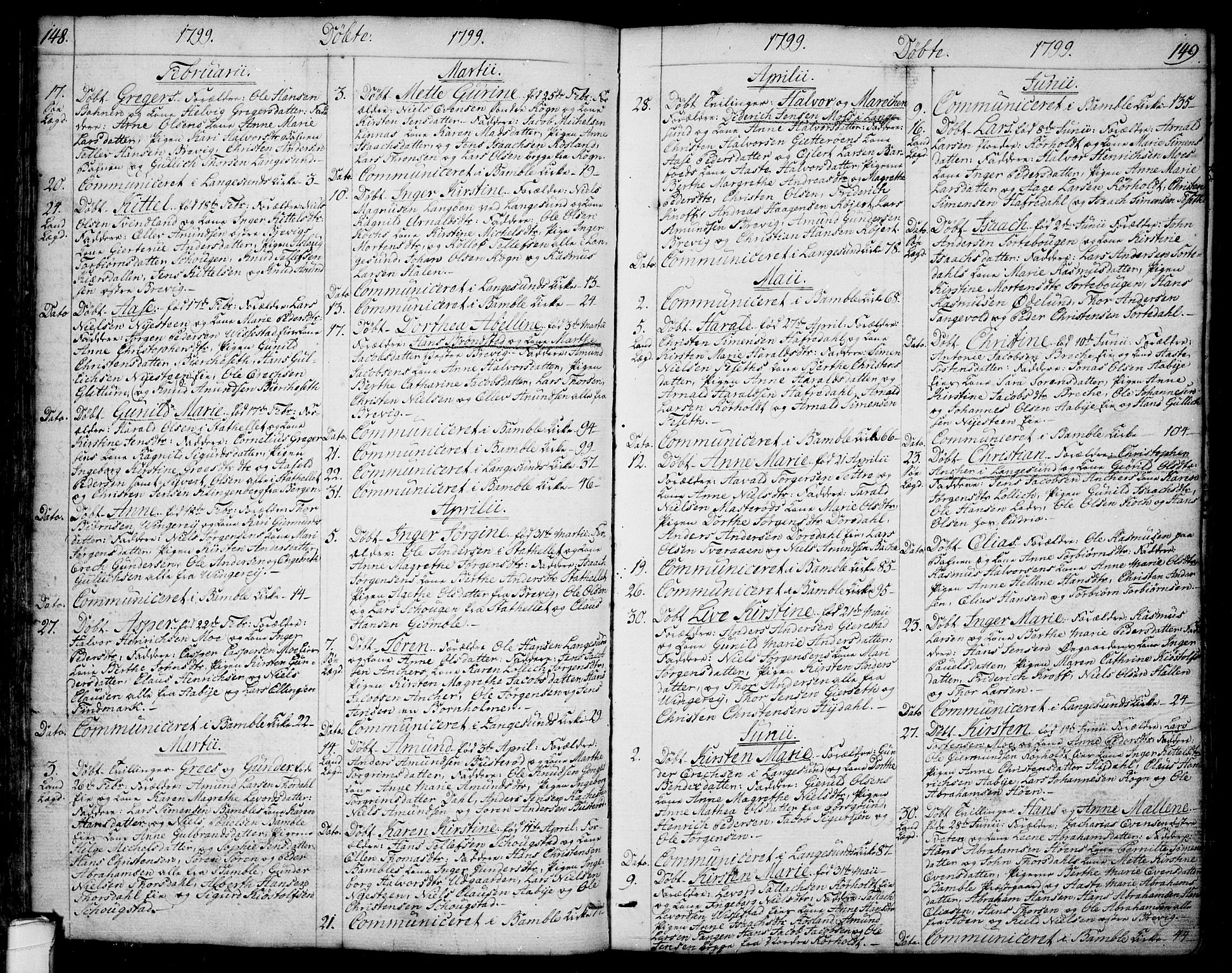 Bamble kirkebøker, SAKO/A-253/F/Fa/L0002: Parish register (official) no. I 2, 1775-1814, p. 148-149