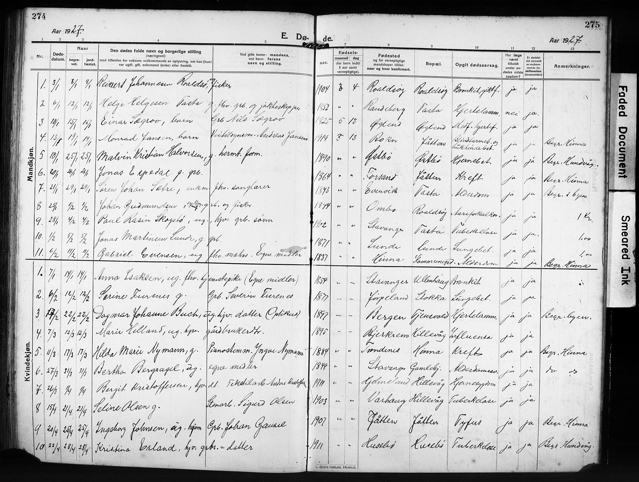 Hetland sokneprestkontor, AV/SAST-A-101826/30/30BB/L0009: Parish register (copy) no. B 9, 1910-1931, p. 274-275