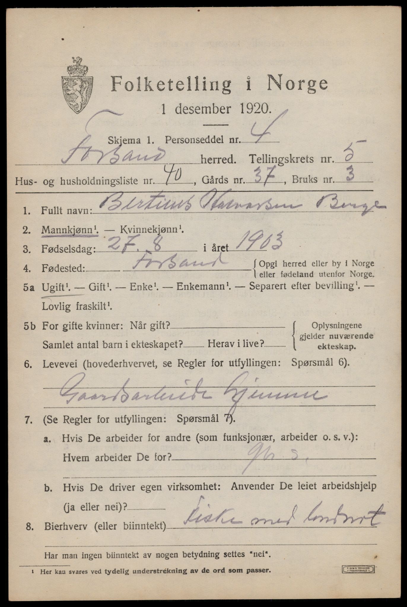 SAST, 1920 census for Forsand, 1920, p. 2167