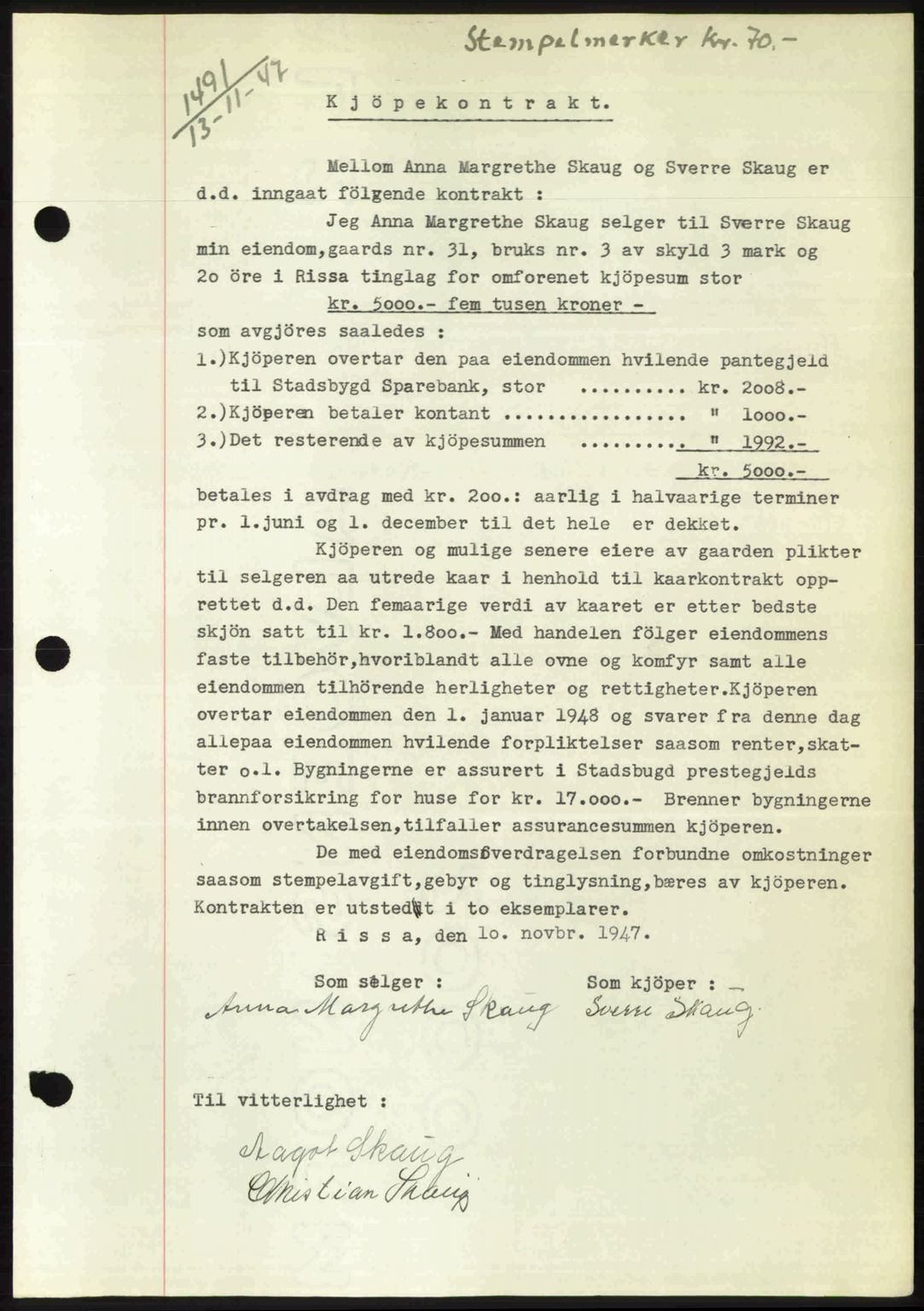 Fosen sorenskriveri, AV/SAT-A-1107/1/2/2C: Mortgage book no. A7-9, 1947-1949, Diary no: : 1491/1947