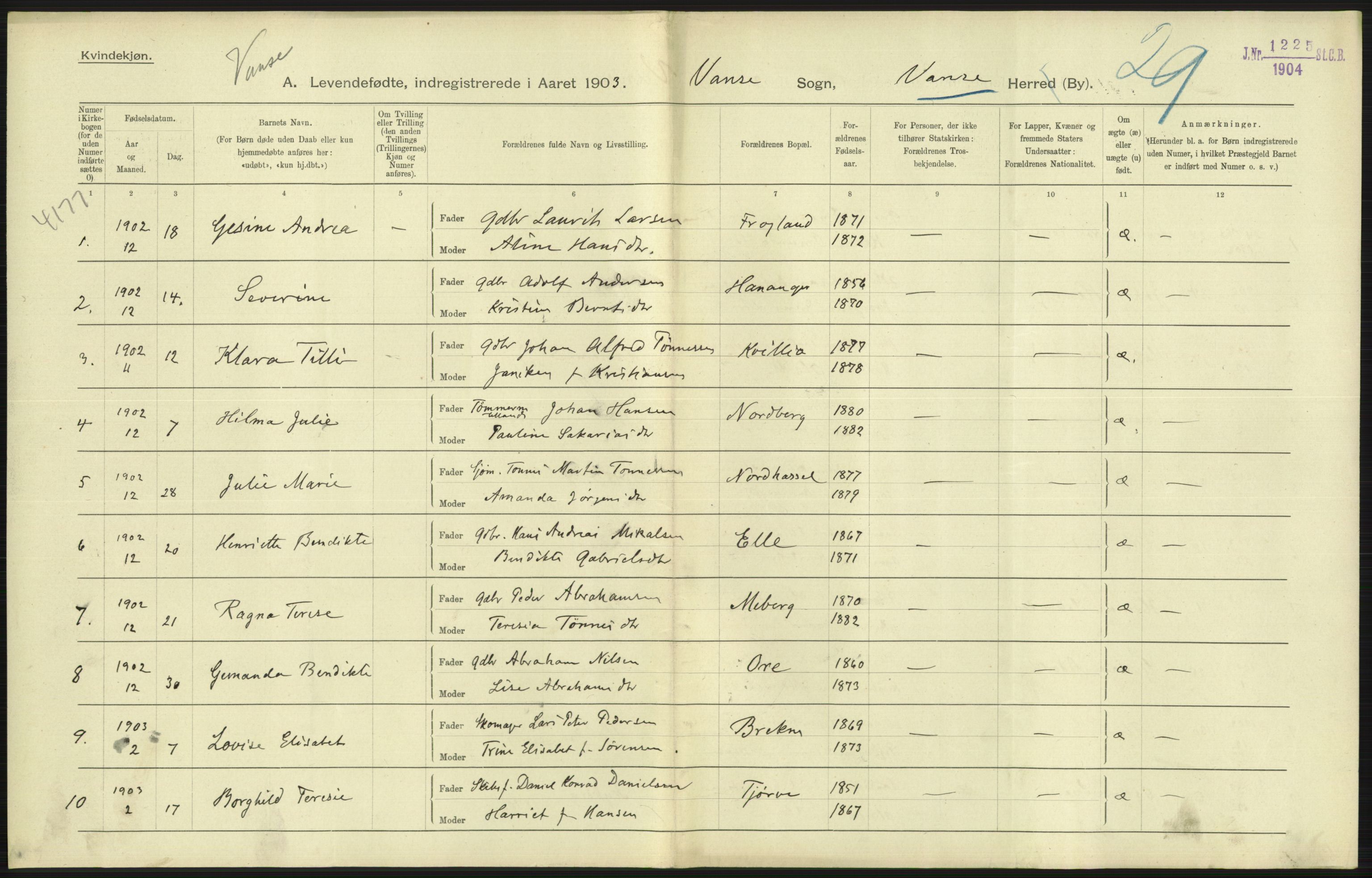 Statistisk sentralbyrå, Sosiodemografiske emner, Befolkning, AV/RA-S-2228/D/Df/Dfa/Dfaa/L0011: Lister og Mandal amt: Fødte, gifte, døde, 1903, p. 97