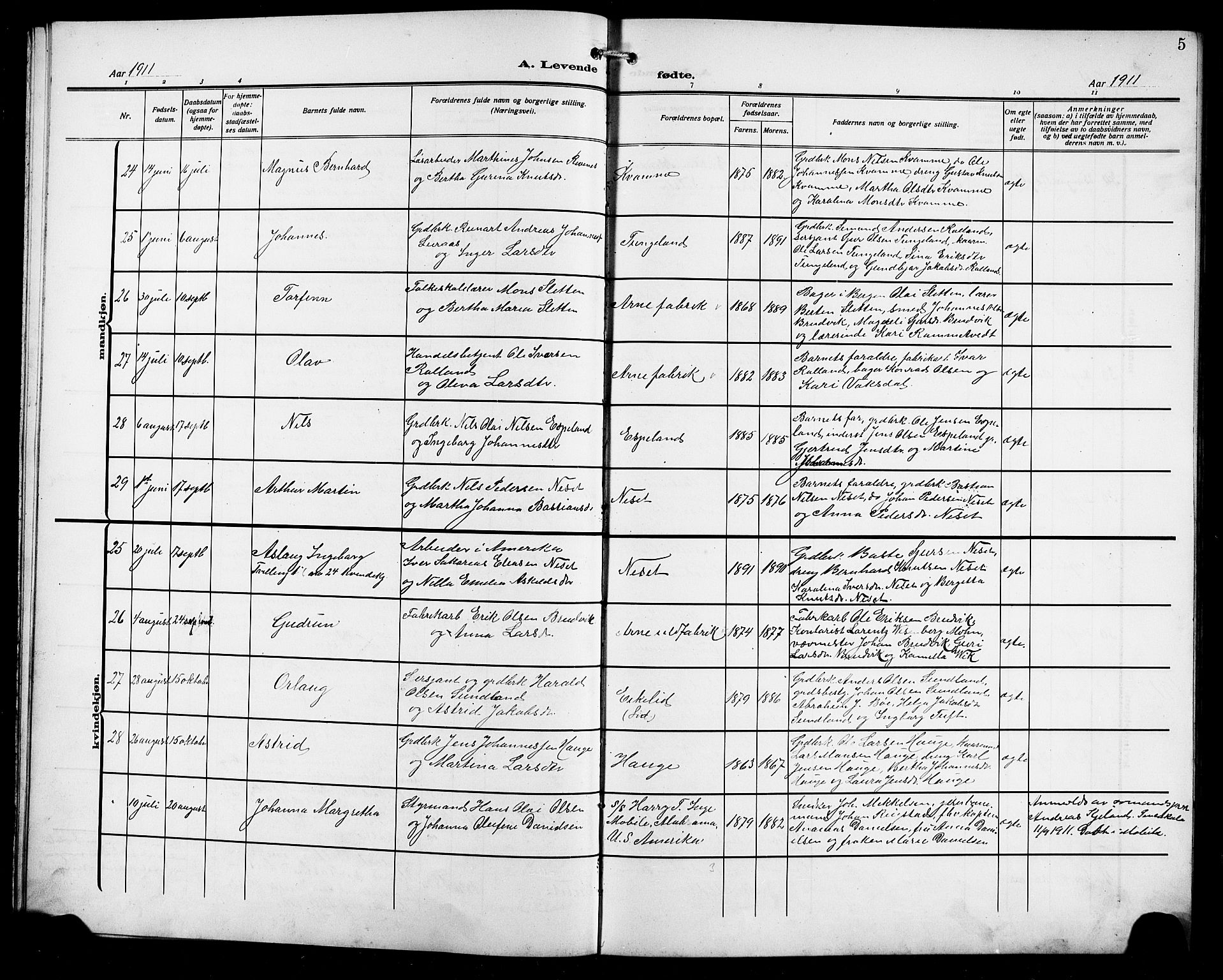 Arna sokneprestembete, AV/SAB-A-74001/H/Ha/Hab: Parish register (copy) no. A 5, 1911-1921, p. 5