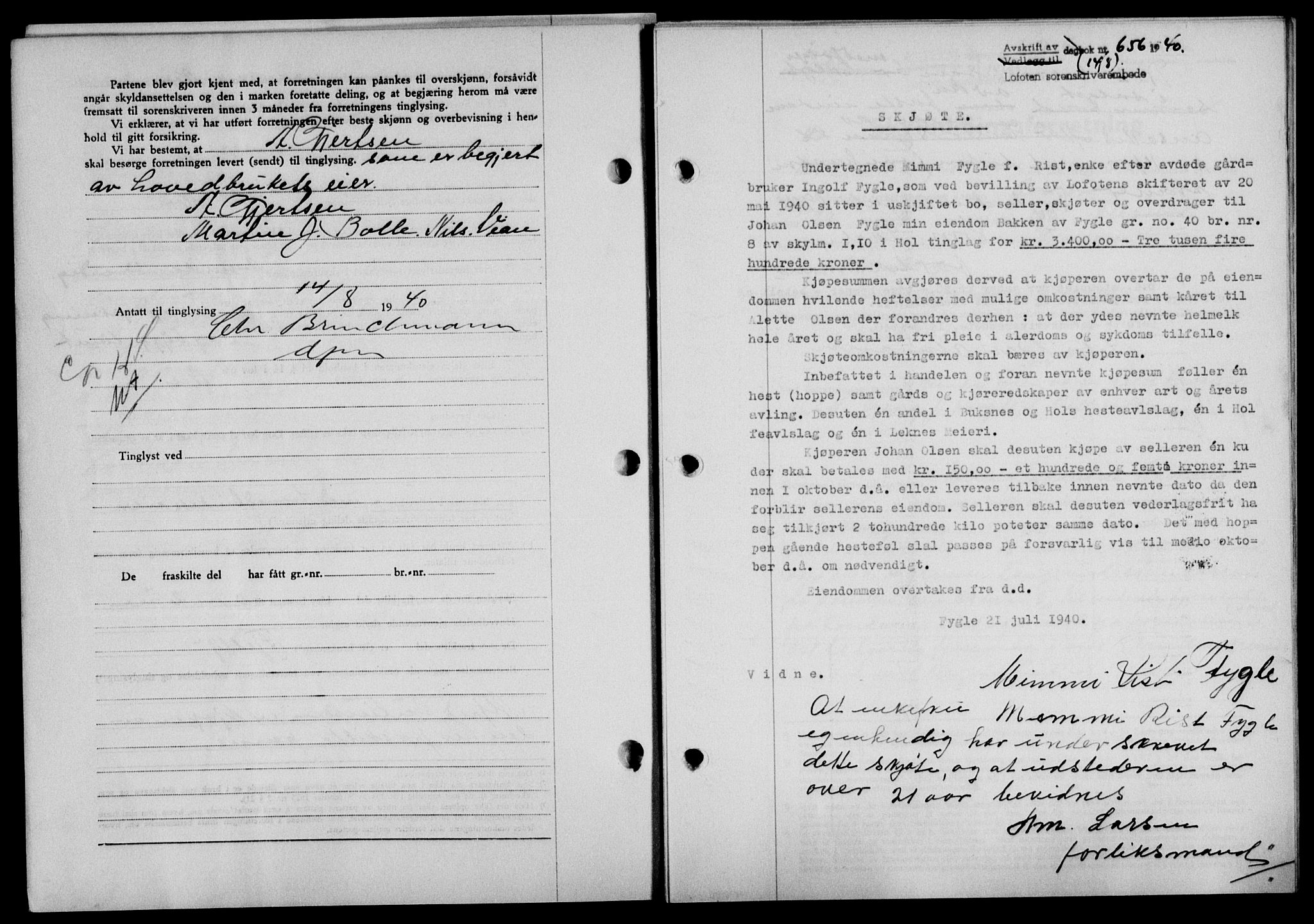 Lofoten sorenskriveri, SAT/A-0017/1/2/2C/L0007a: Mortgage book no. 7a, 1939-1940, Diary no: : 656/1940