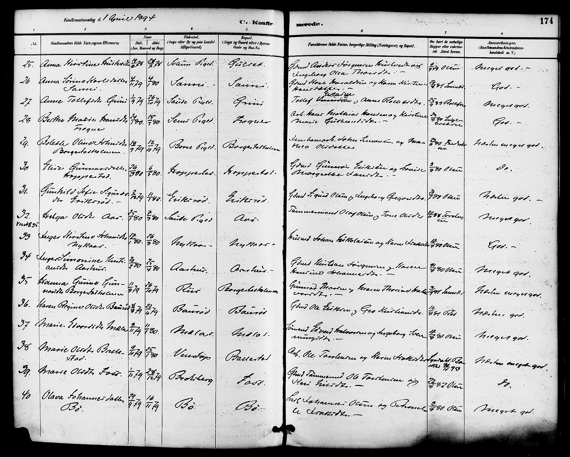 Gjerpen kirkebøker, AV/SAKO-A-265/F/Fa/L0010: Parish register (official) no. I 10, 1886-1895, p. 174