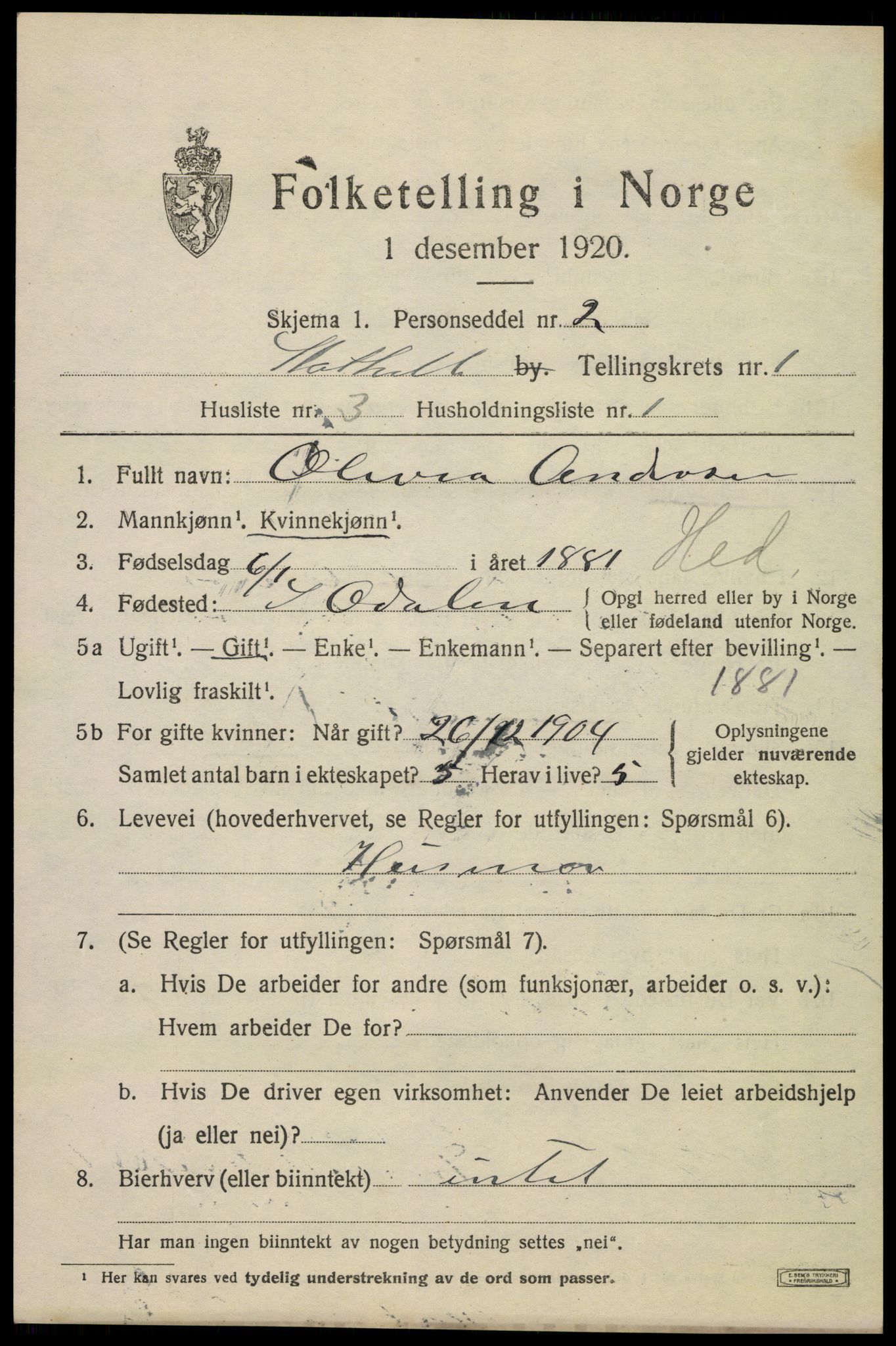 SAKO, 1920 census for Stathelle, 1920, p. 561