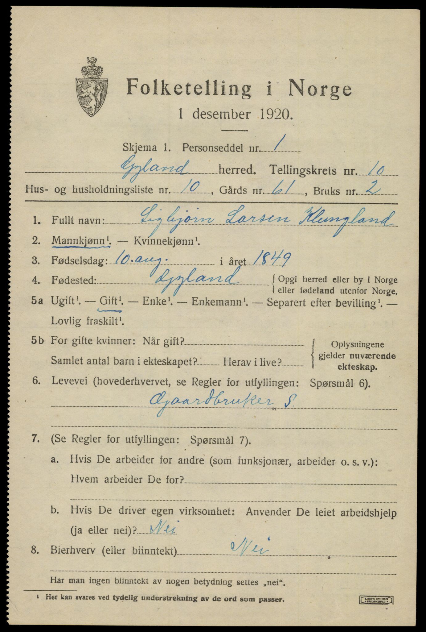 SAK, 1920 census for Gyland, 1920, p. 2290