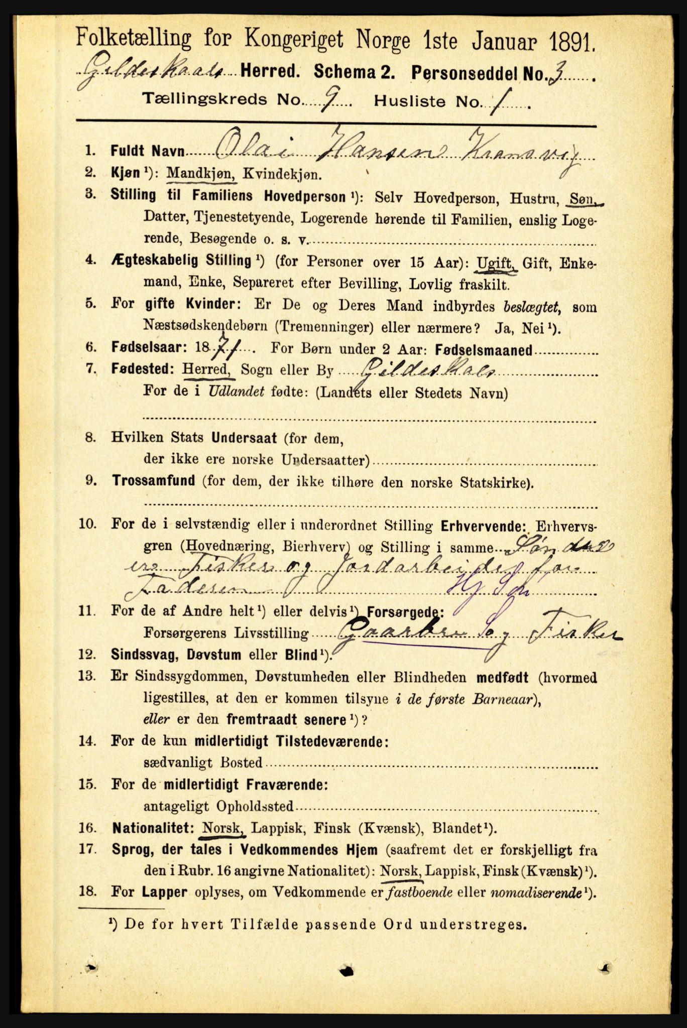 RA, 1891 census for 1838 Gildeskål, 1891, p. 2751